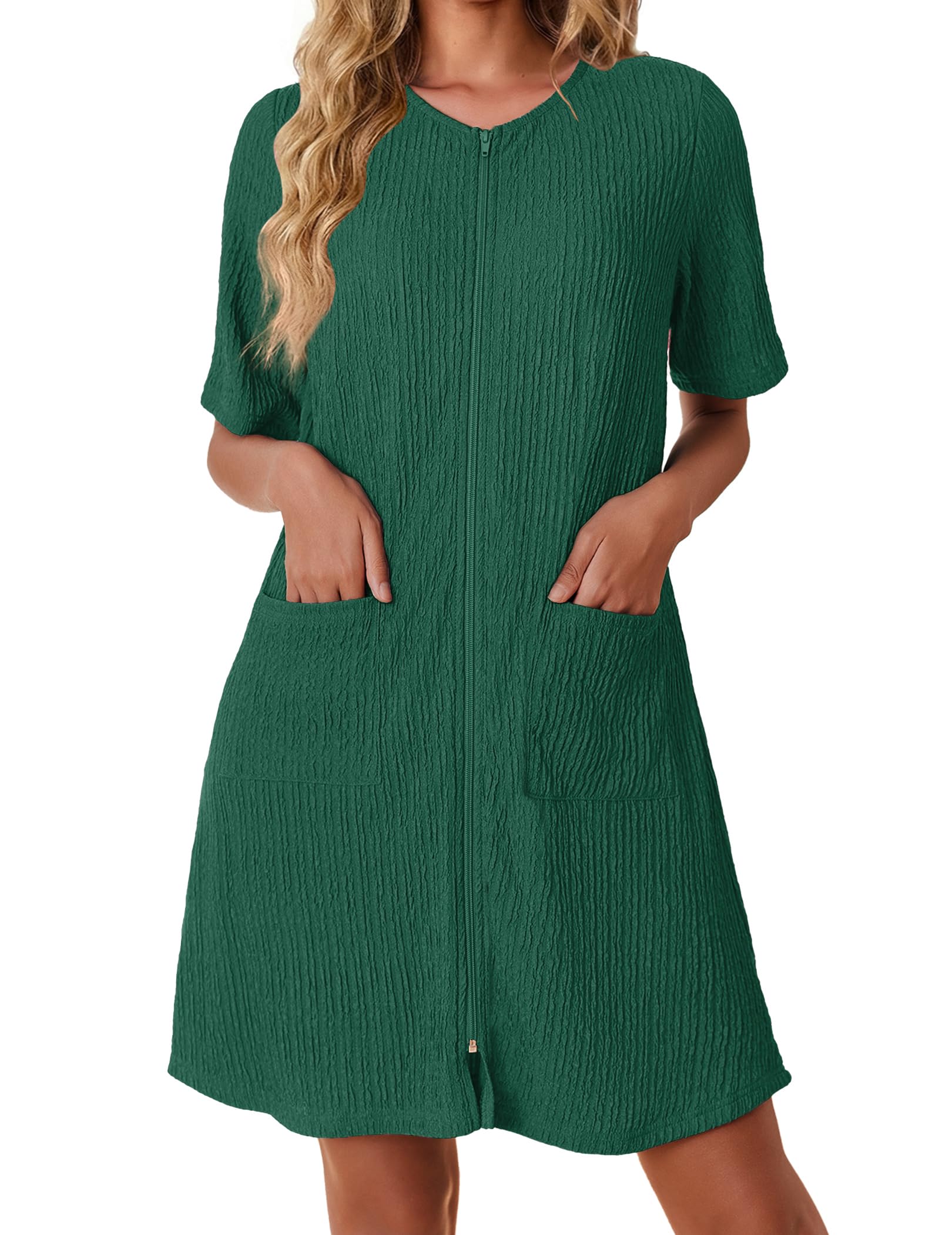 Ekouaer Women Zipper Robes Knit Short Bathrobe Lightweight House Coat with Pockets Soft Nightgown S-XXL WEBE CLOTHING
