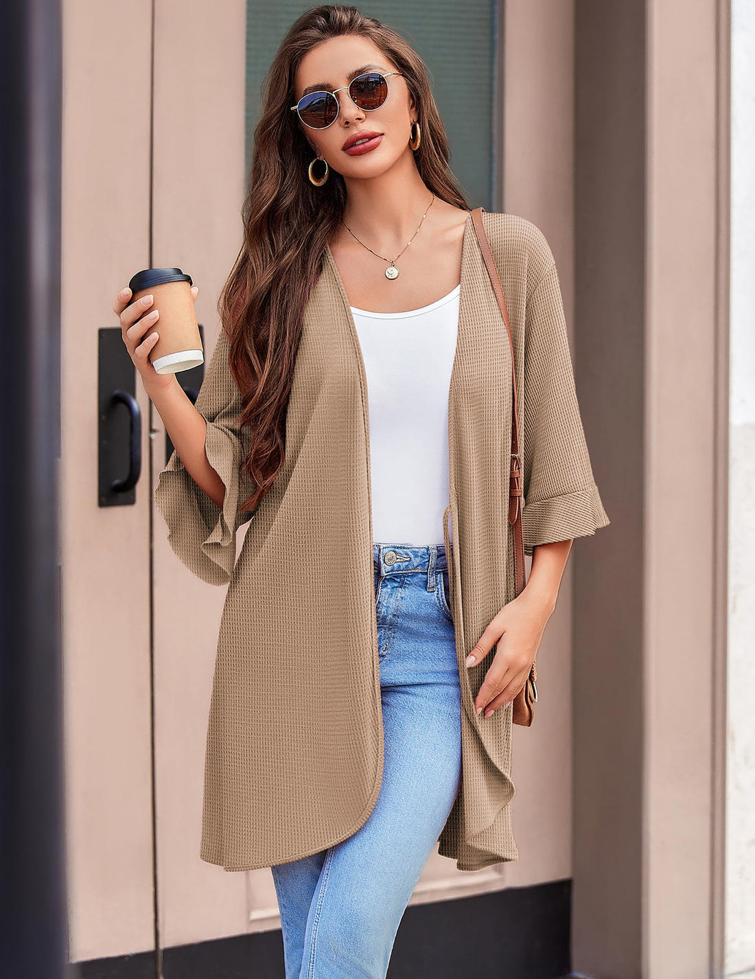 Ekouaer Robes for Women Lightweight Waffle Knit Short Bath Robe Knee Length Ruffle Ladies Loungewear WEBE CLOTHING