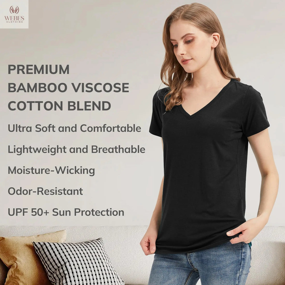 netdraw Women's Ultra-Soft Bamboo Viscose Cotton V-Neck Short Sleeve T-Shirt, Casual Summer Tops for Lounge Sleep Pajama