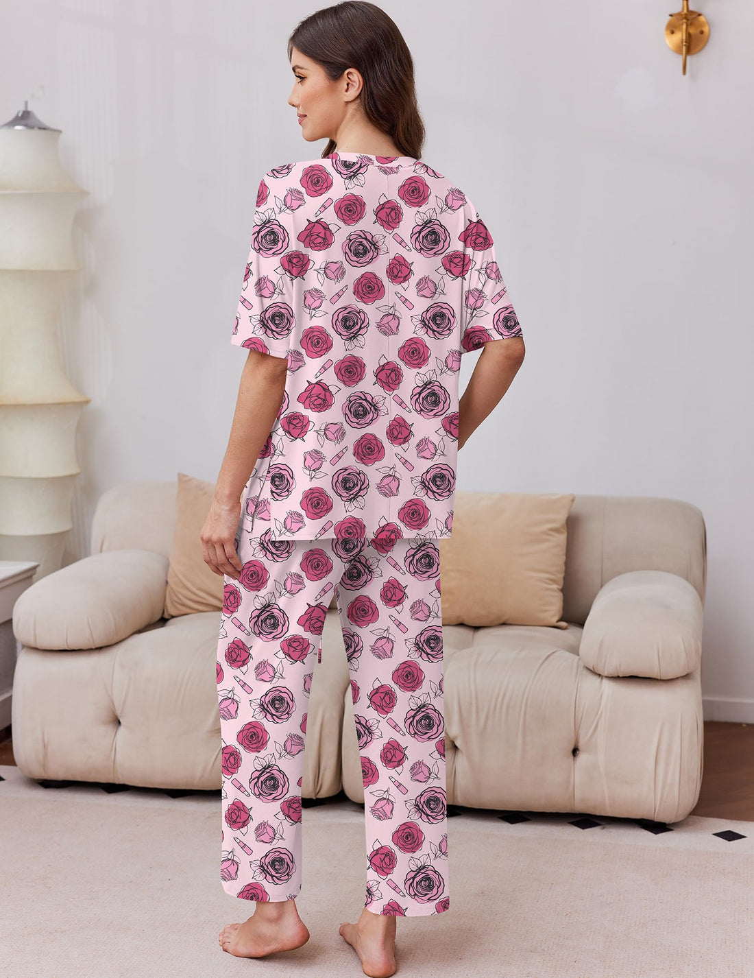 Ekouaer 2 Packs Lounge Sets for Women Short Sleeve Pajamas Set V Neck Top and Long Pants Comfy Pjs Outifts with Pockets
