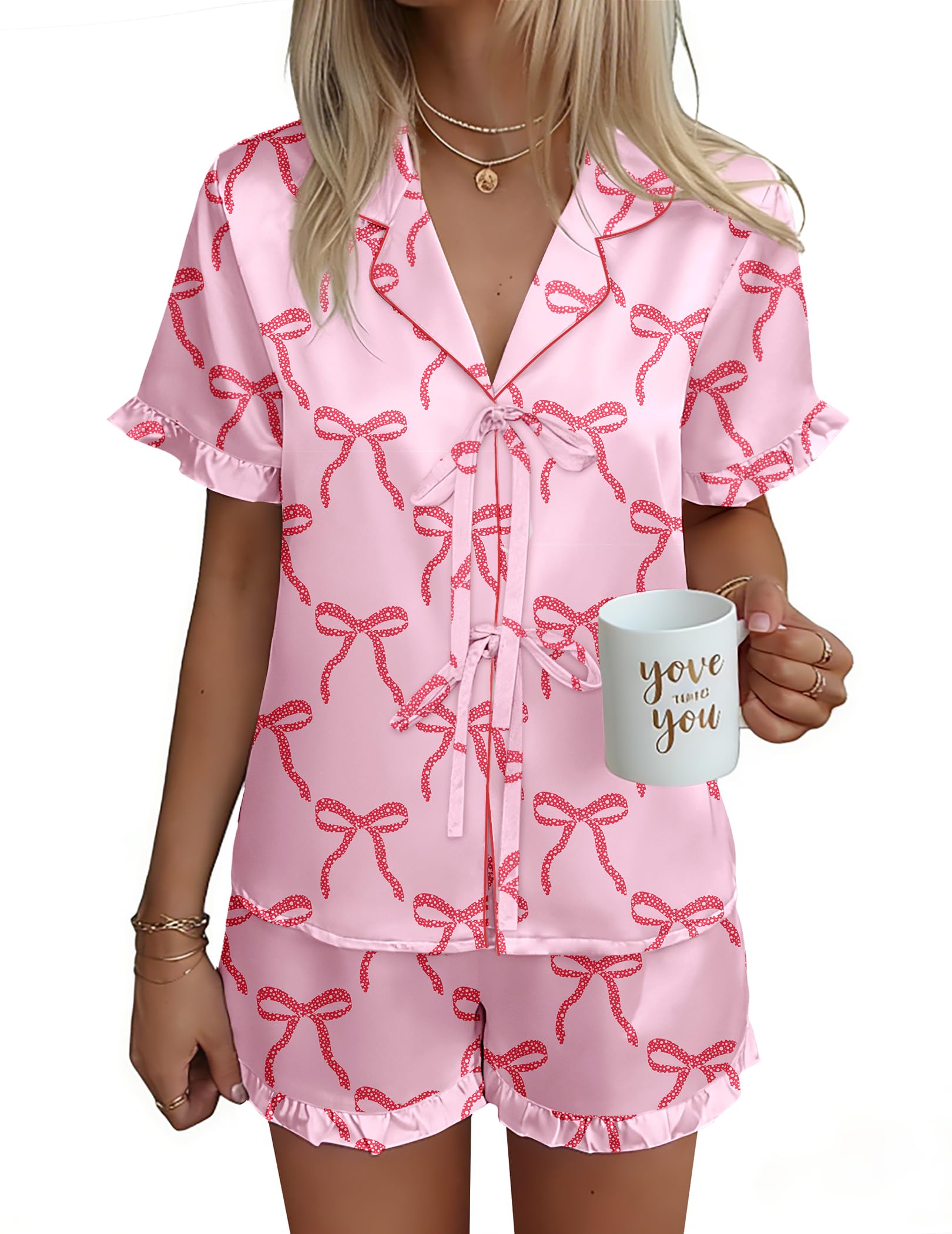 Ekouaer Satin Pajama for Women Short Sleeve Silky Pj Short Set Bow Front Tie Up Loungewear Sleepwear