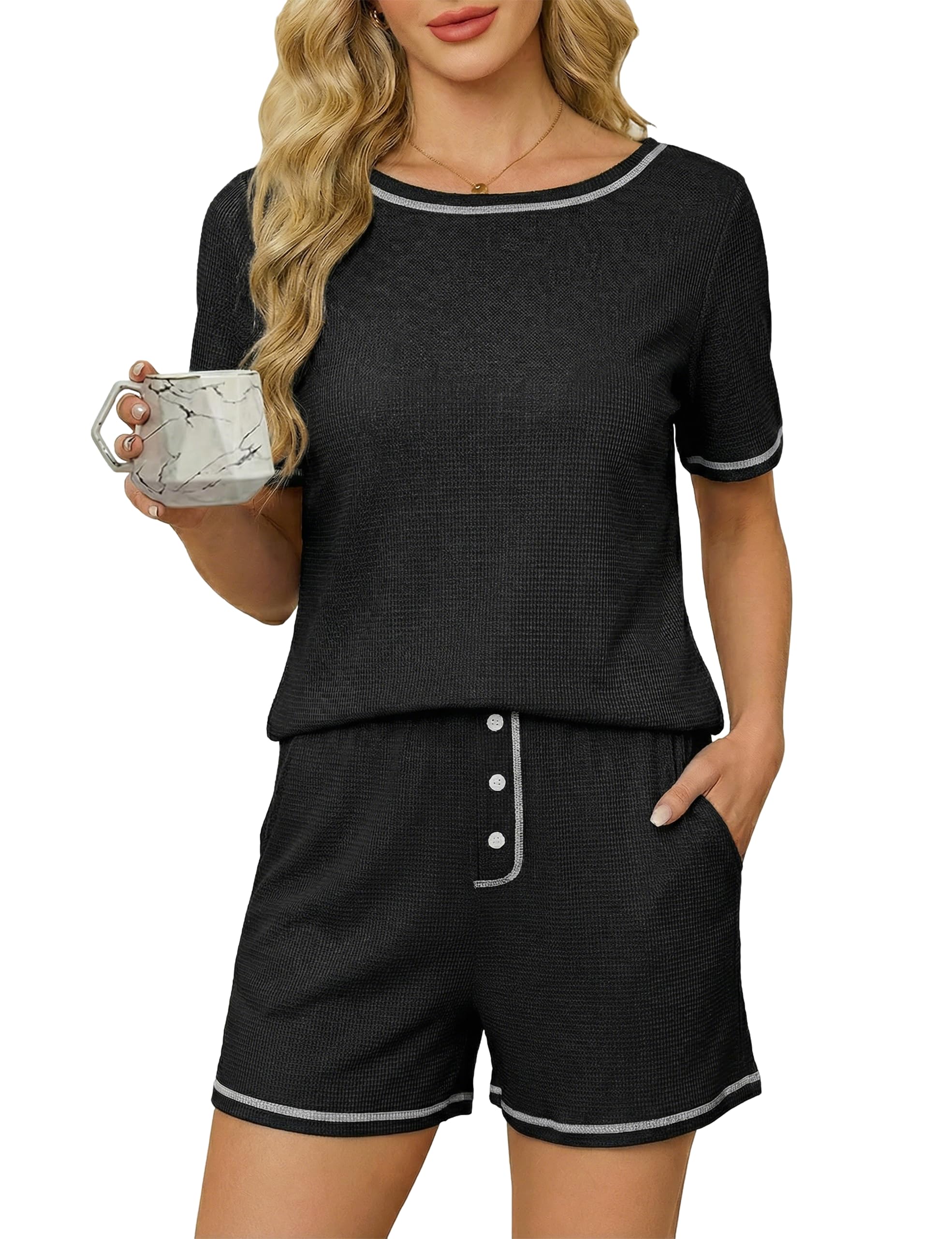Blooming Jelly Womens Waffle Knit Cute Pajamas Sets Short Sleeve 2 Piece Pj Lounge Set Soft Sleepwear with Pockets