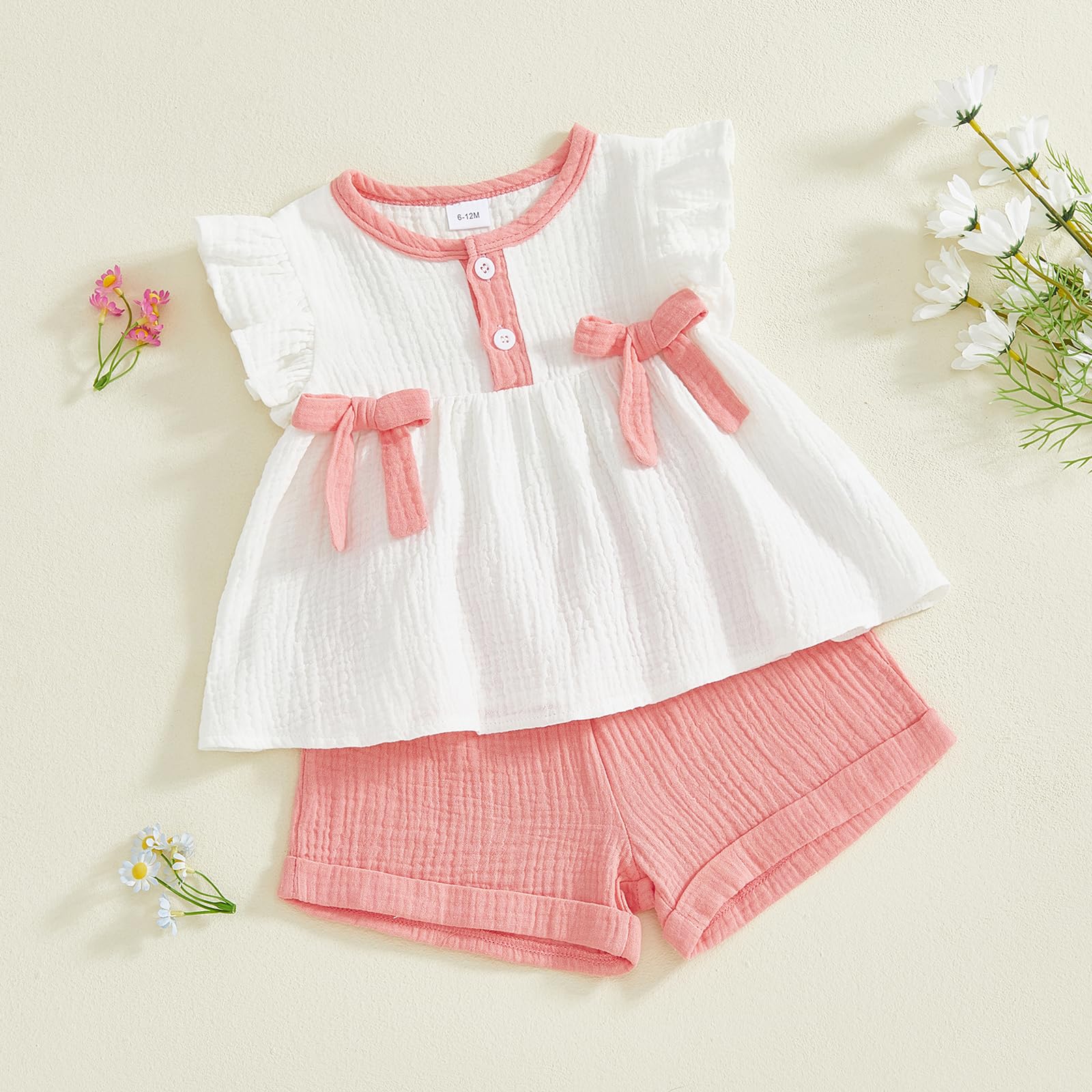 Amnnchya Toddler Girl Clothes Baby Summer Spring Outfits Cute Bow Button Smocked Ruffle Sleeve Tops ＋ Girls Shorts Set WEBE CLOTHING