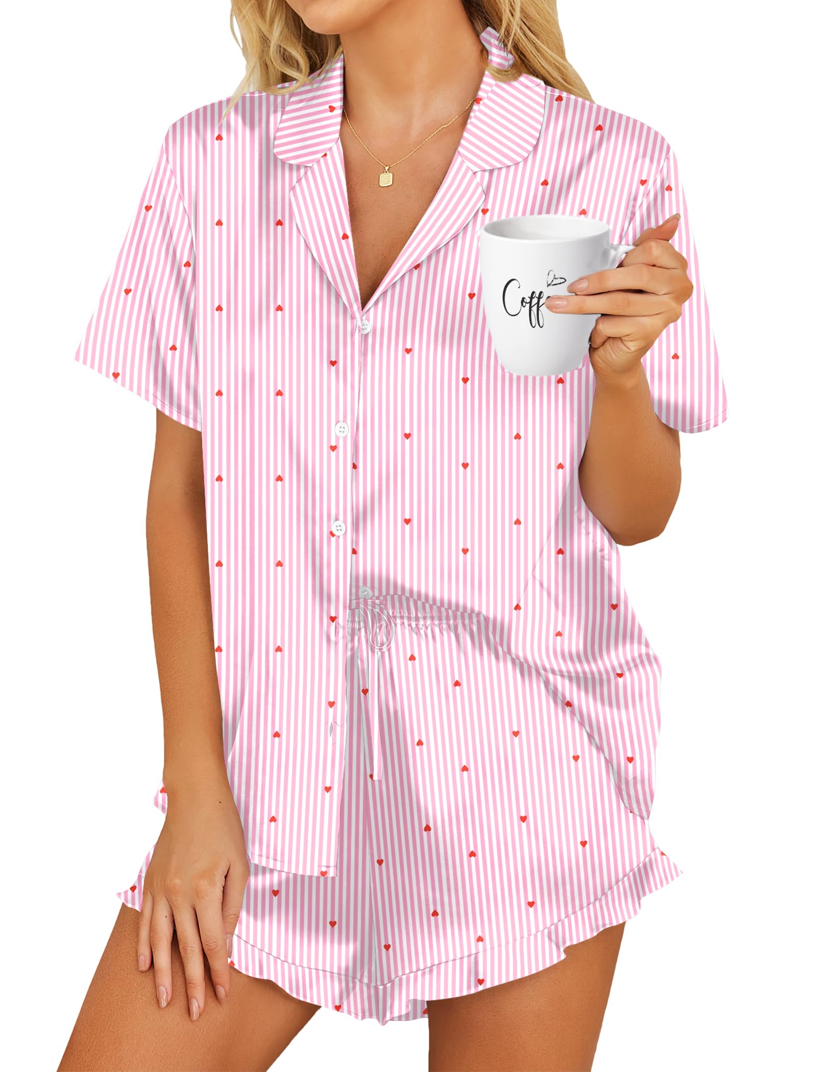 HOTOUCH Womens Satin Pajamas Set Button Down 2 Piece Silk Pjs Shorts Set Ruffle Lingerie Notch Collar Sleepwear