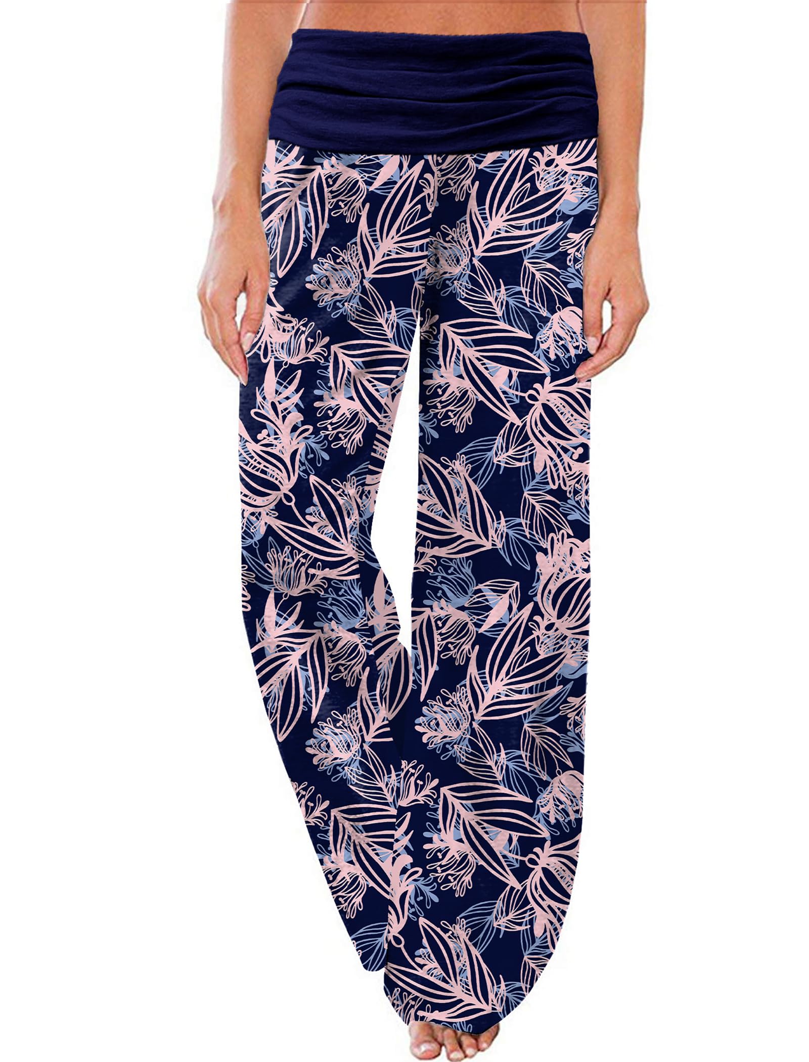 Gracyoga Women's Comfy Pajama Pants Wide Leg Lounge Palazzo Yoga Pants Stretch Casual Floral Print Fold Waist Pants