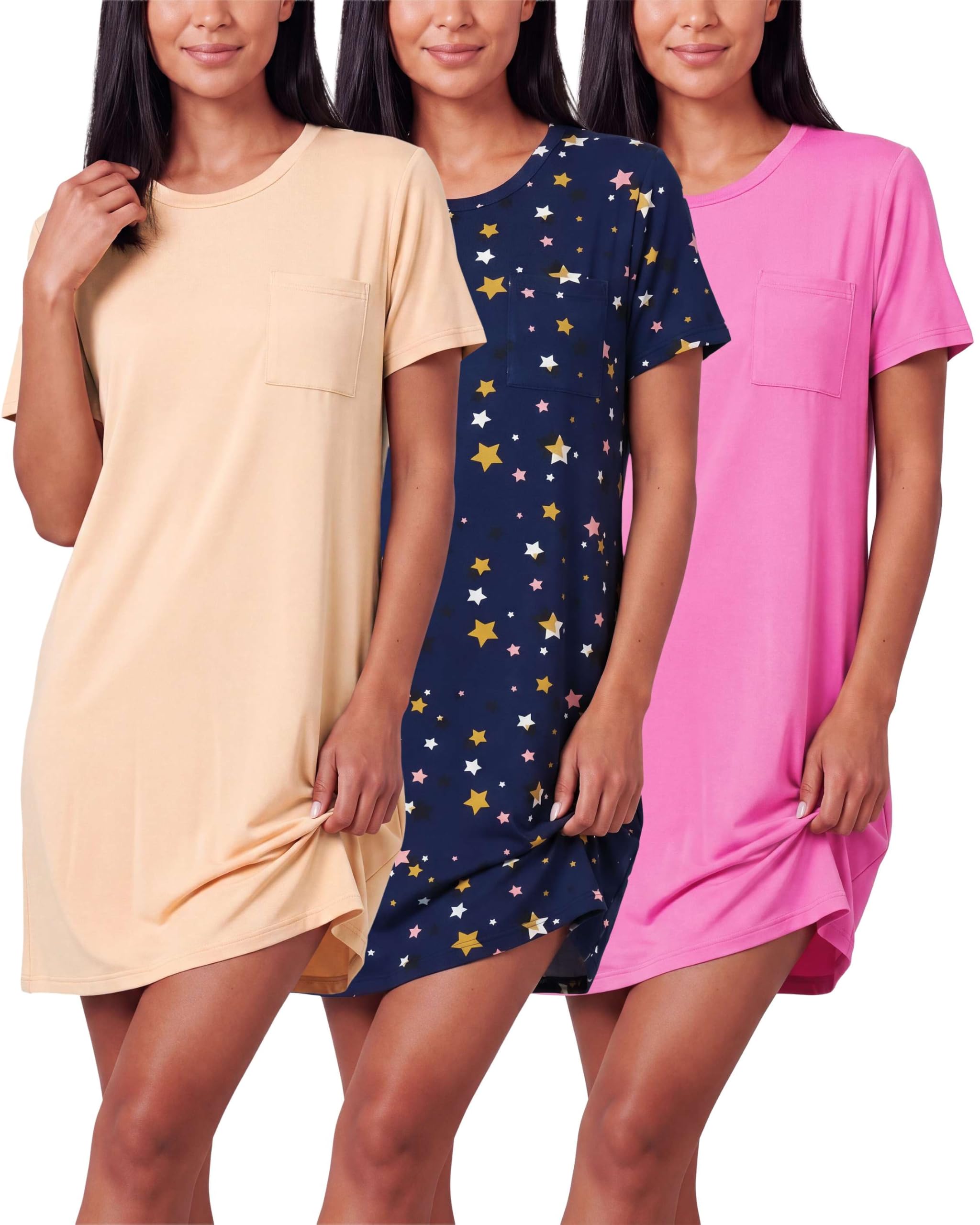 Real Essentials 3 Pack: Women's Short Sleeve Nightgown Dress – Nightshirt Pajama Sleep Shirt Sleepwear (Available In Plus)