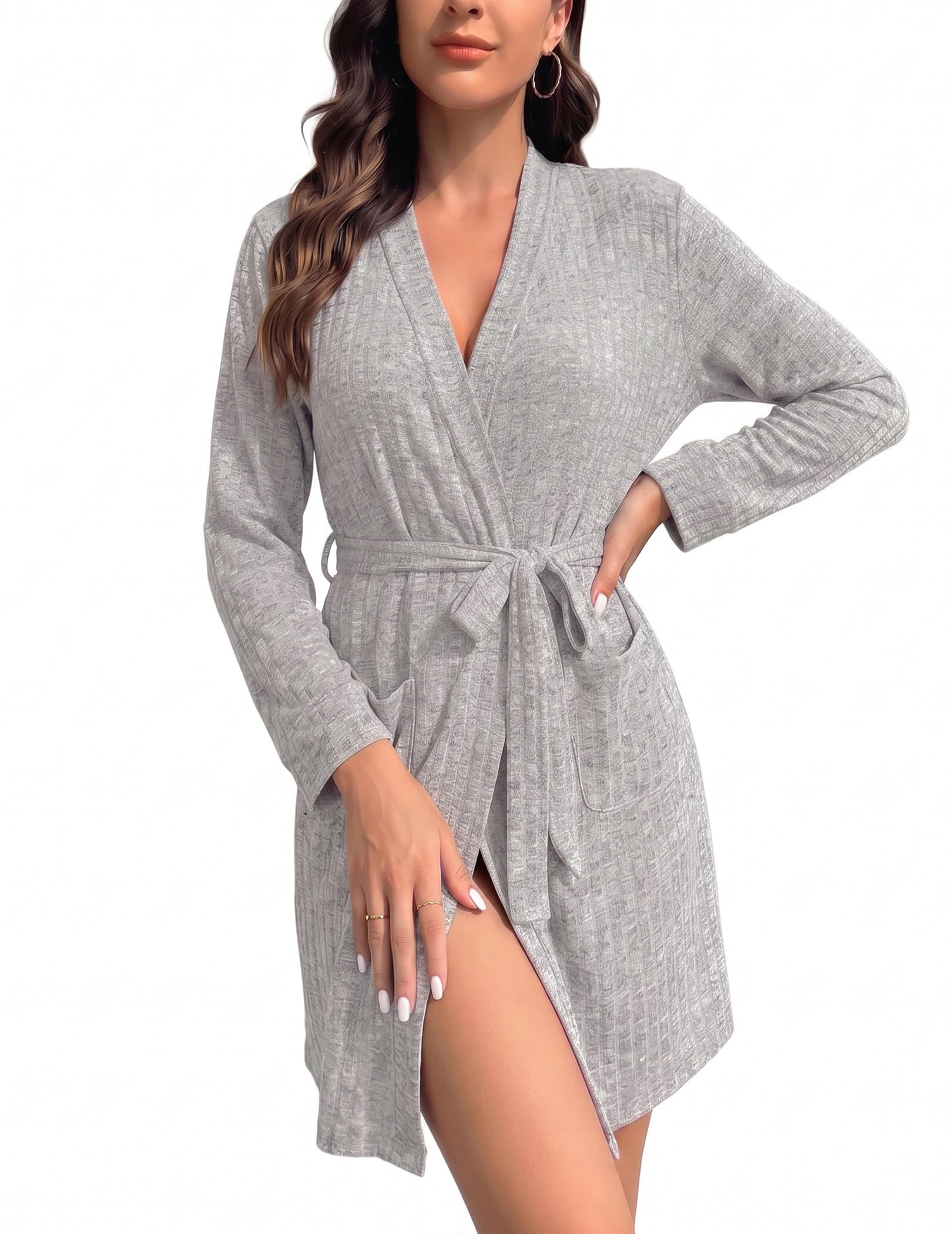 Ekouaer Women Robe Short Lightweight Bathrobe Ribbed Knit Soft Robes Long Sleeve Ladies Sleepwear with Pockets