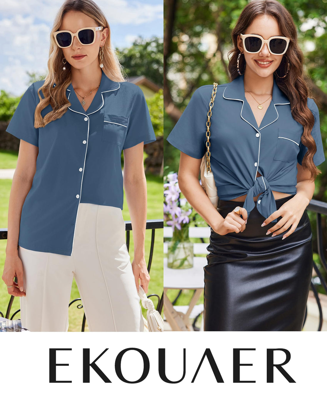 Ekouaer Cotton Pajama Sets for Women Button Down Short Sleeve PJs Comfort Classic Sleep Set Loungewear