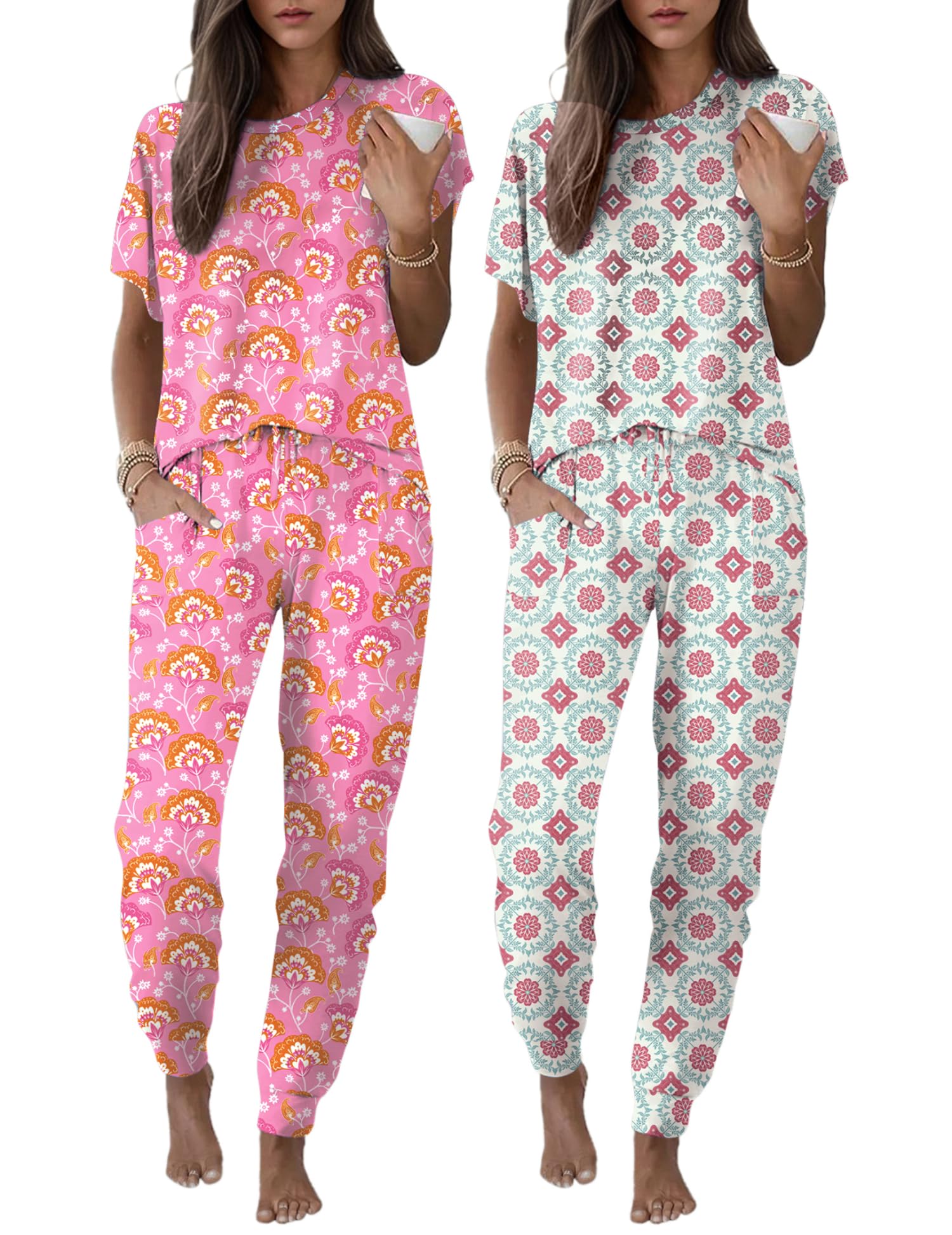 Ekouaer 2 pack Pajama Sets for Womens Jogger Pants Pjs Short Sleeves Lounge Set Soft Sleepwear with Pockets