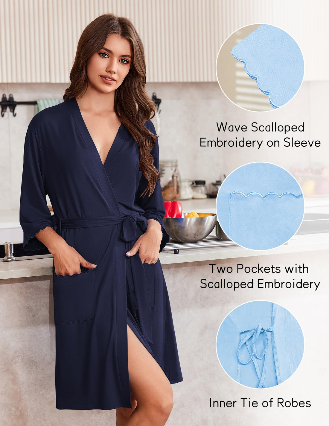 Ekouaer Robes for Women Knee Length Kimono Bathrobe Lightweight 3/4 Sleeve Sleepwear Soft Loungewear with Pockets S-XXL WEBE CLOTHING