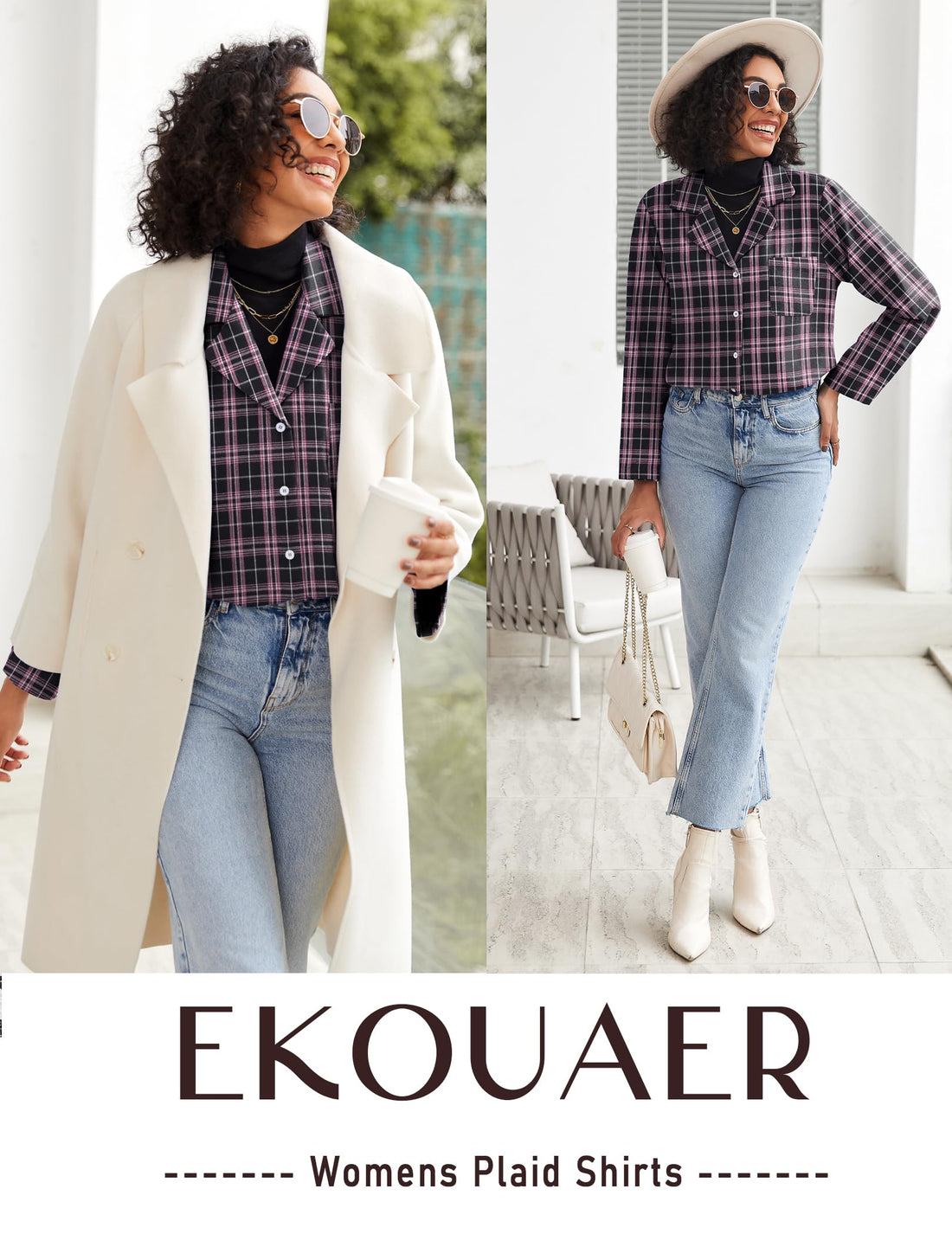 Ekouaer Womens Pajama Sets 2 Piece Cotton Plaid Pjs Long Sleeve Sleepwear Button Down Lounge Set with Pockets