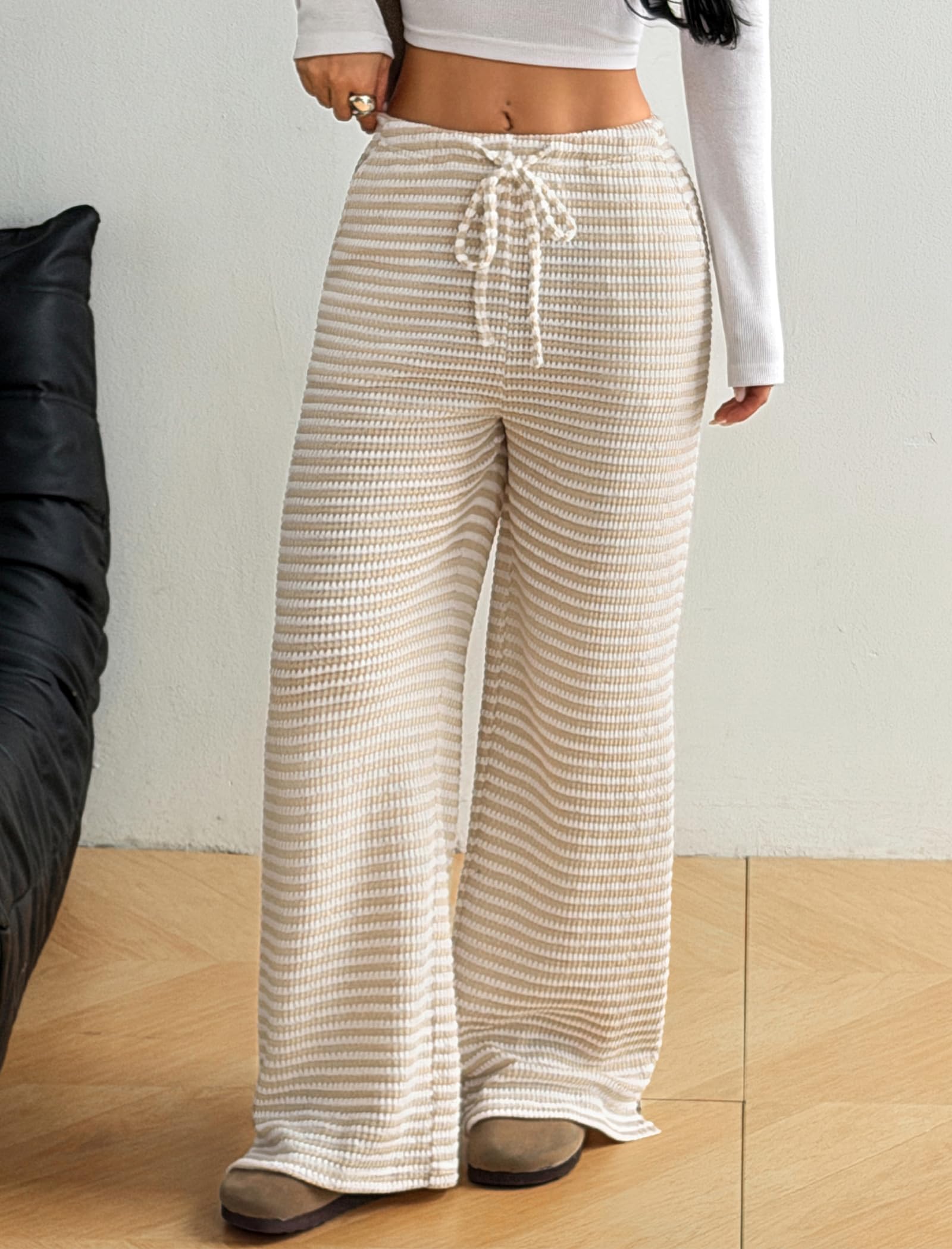 ZAFUL Women's Striped Pants Casual Fold Waist Wide Leg Pants Lightweight Comfy Stretchy Loose Lounge Pajama Pants