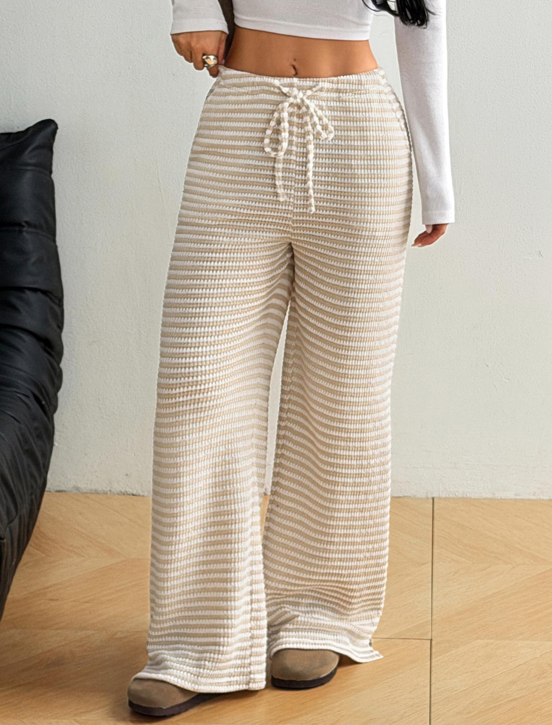 ZAFUL Women's Striped Pants Casual Fold Waist Wide Leg Pants Lightweight Comfy Stretchy Loose Lounge Pajama Pants