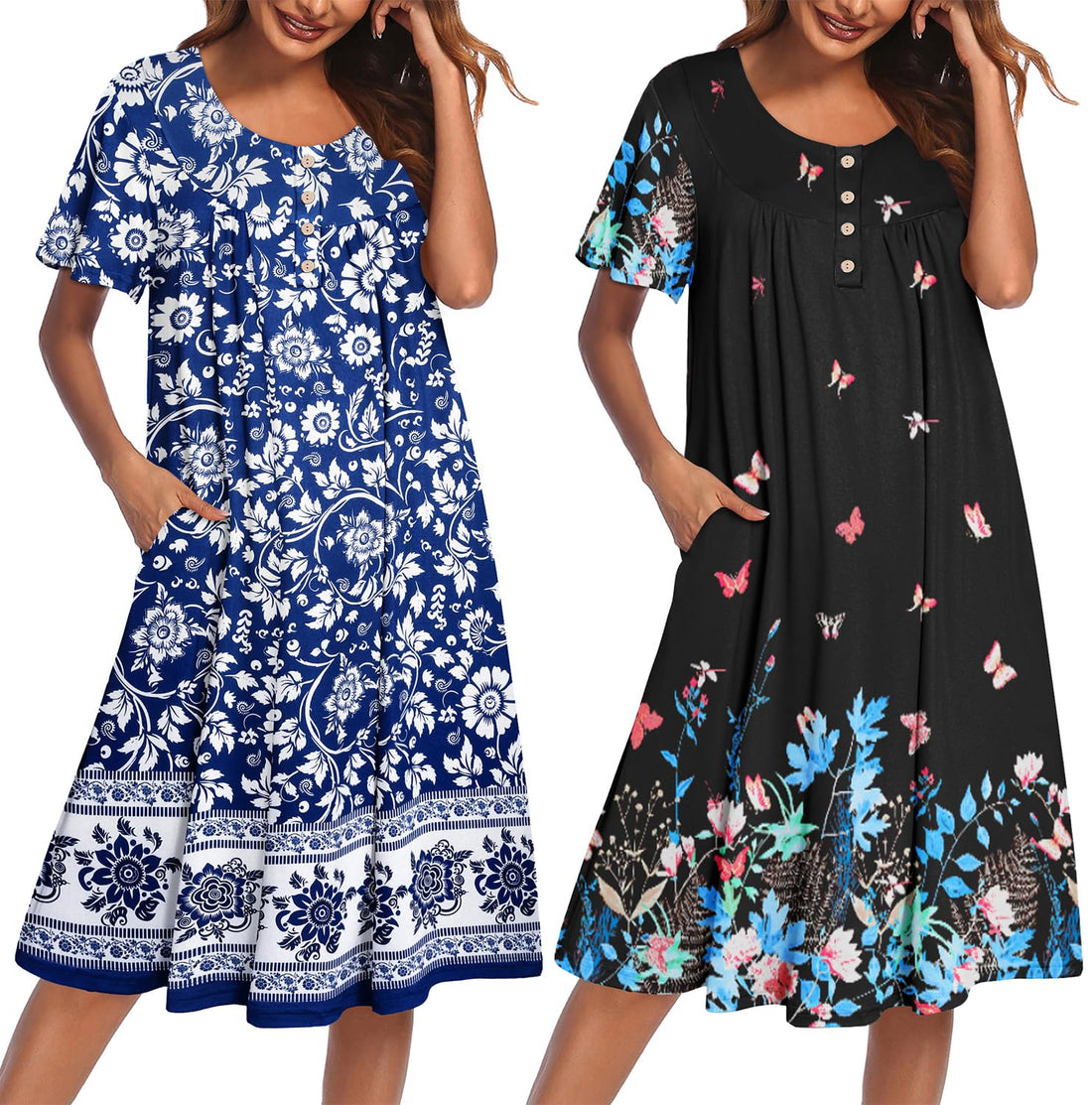 Ekouaer 2 Pack House Dresses for Women with Pockets Short Sleeve Moo Moos | Ruffle Sleeve Mumu Dress, Soft Button Front Nightgown, Two Side Pockets, Comfy Sleepwear, Perfect for Your Mom, Grandma, Gift WEBE CLOTHING