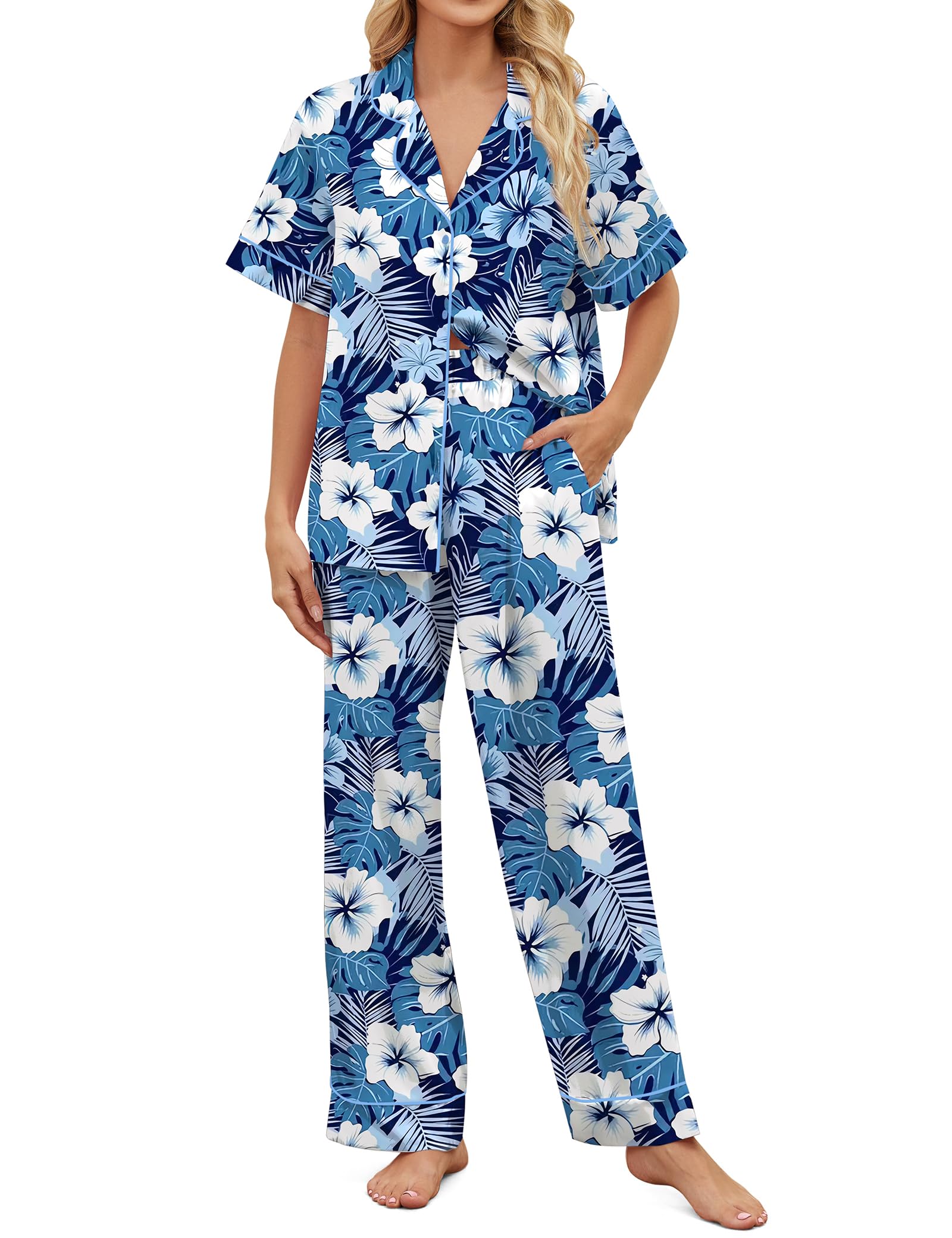 SHESHOW Satin Pajamas for Women Set Button Down Sleepwear Print Pjs Set 2 Piece Short Sleeve Long Loungewear Size XS-XXL WEBE CLOTHING