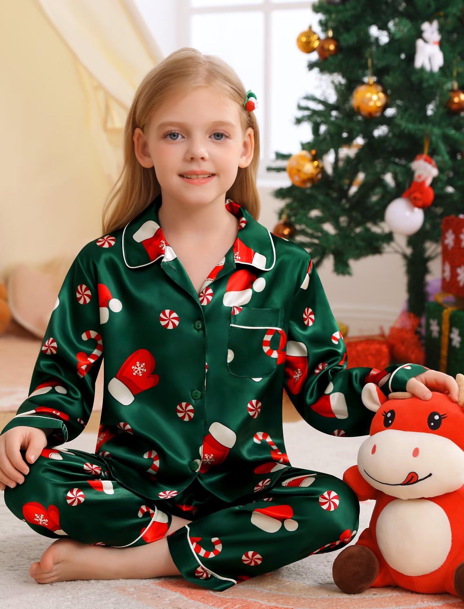 SWOMOG Family Matching Pajama Set 2Pcs Silk Satin Sleepwear Long Sleeve Button Down Loungewear