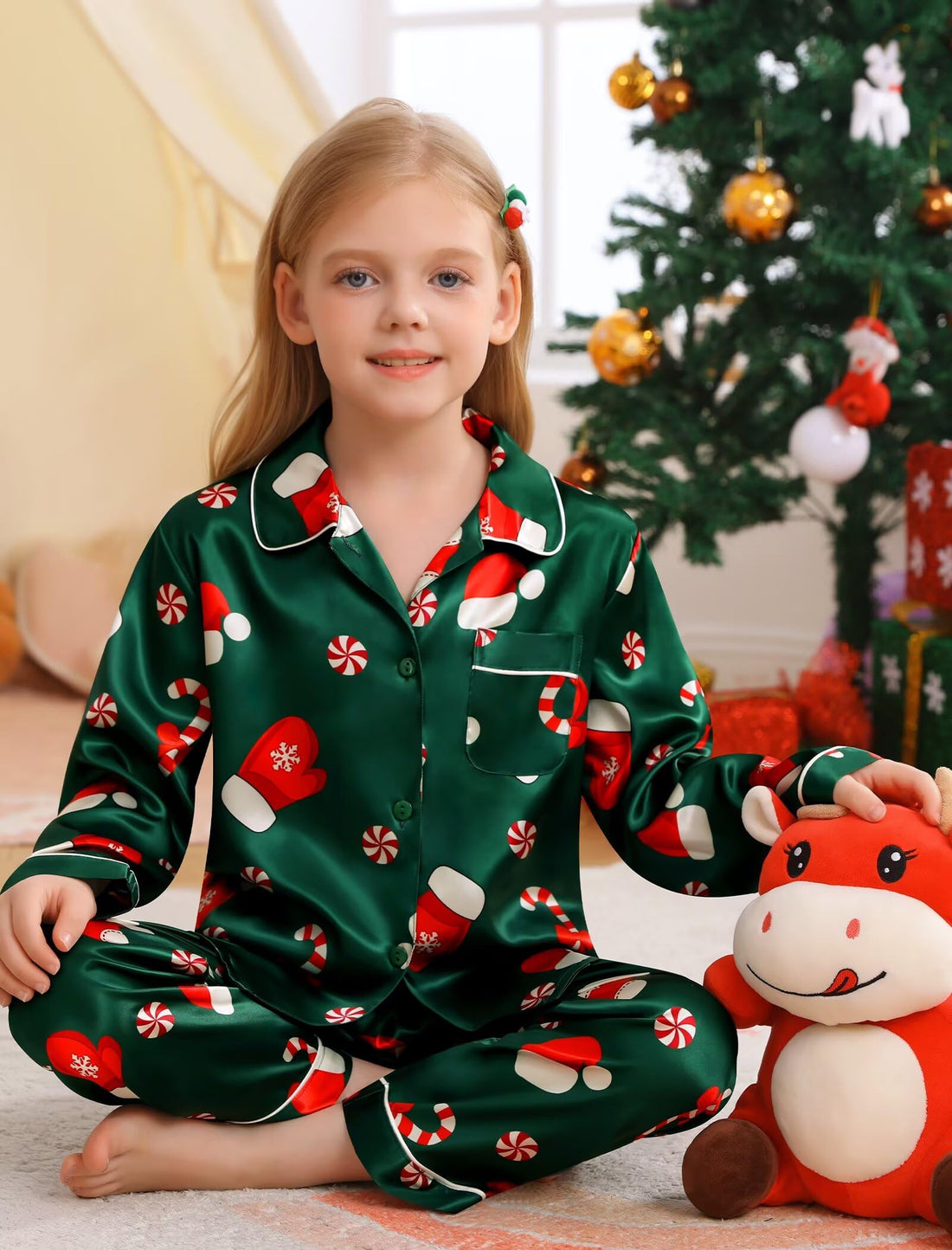 SWOMOG Family Matching Pajama Set 2Pcs Silk Satin Sleepwear Long Sleeve Button Down Loungewear