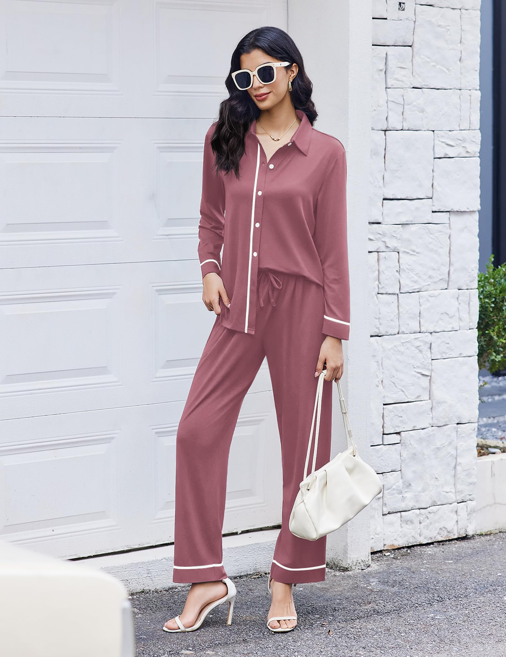 Ekouaer Womens Pajama Sets Long Sleeve Sleepwear Soft Button Down Pjs 2 Piece Loungewear witn Pants S-XXL
