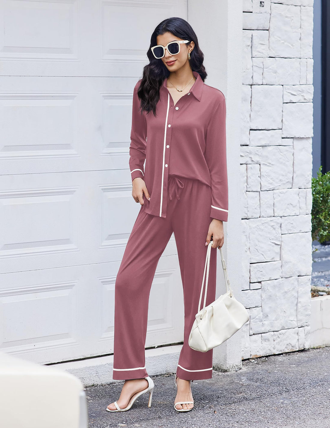 Ekouaer Womens Pajama Sets Long Sleeve Sleepwear Soft Button Down Pjs 2 Piece Loungewear witn Pants S-XXL