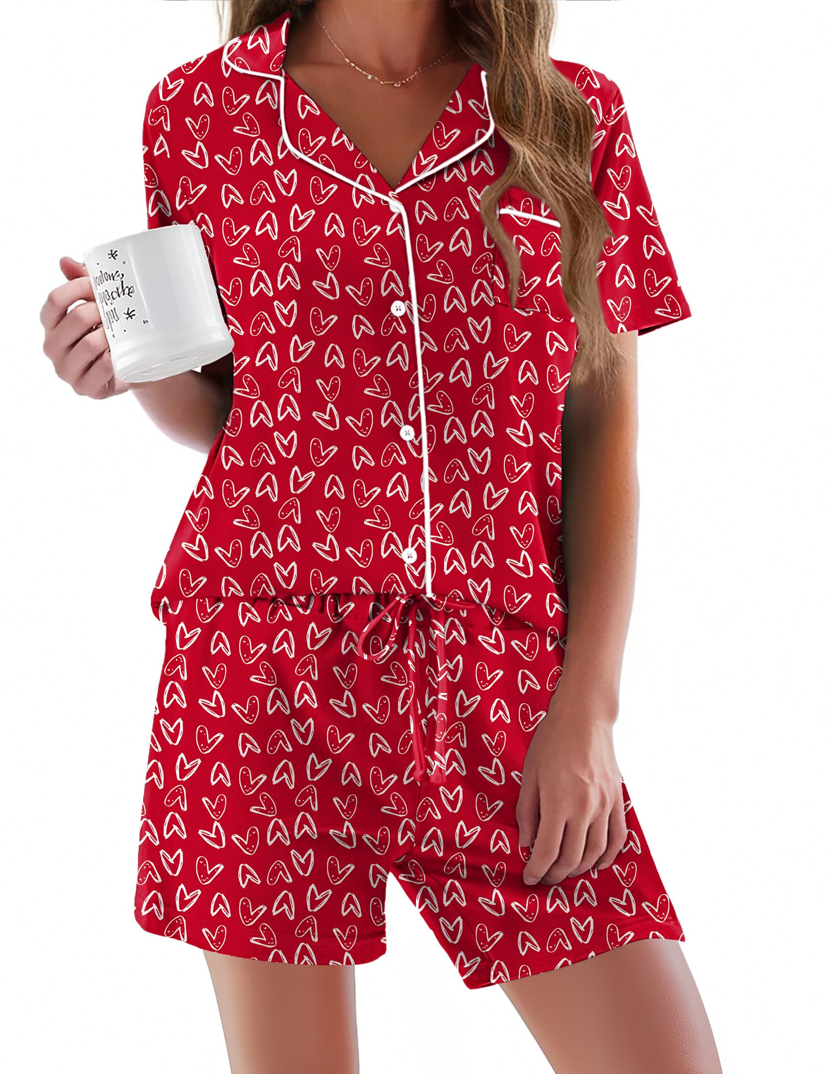 Ekouaer Pajamas Set for Women Short Sleeve Sleepwear Button Down Pjs Soft 2 Piece Lounge Sets XS-XXXL