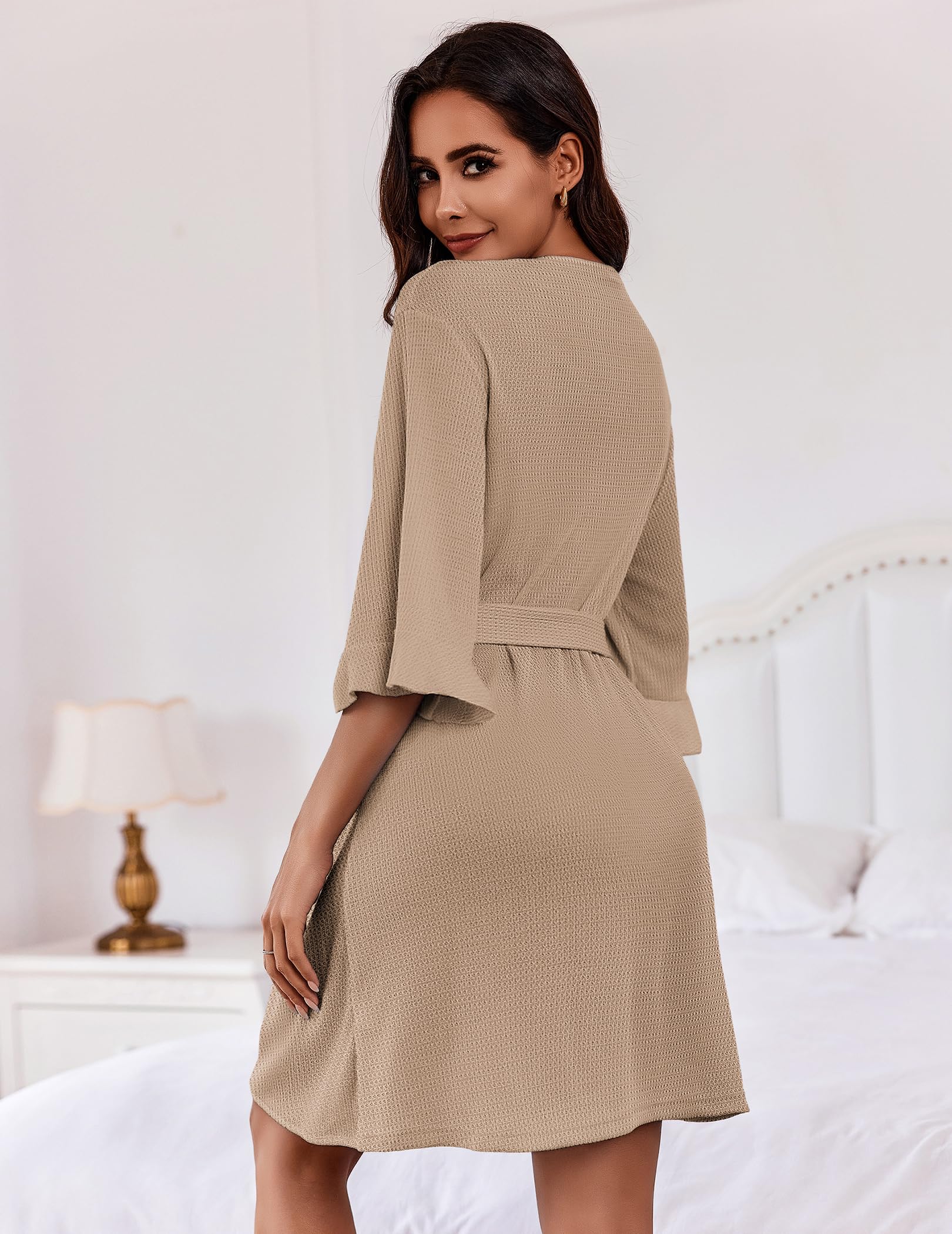 Ekouaer Robes for Women Lightweight Waffle Knit Short Bath Robe Knee Length Ruffle Ladies Loungewear WEBE CLOTHING
