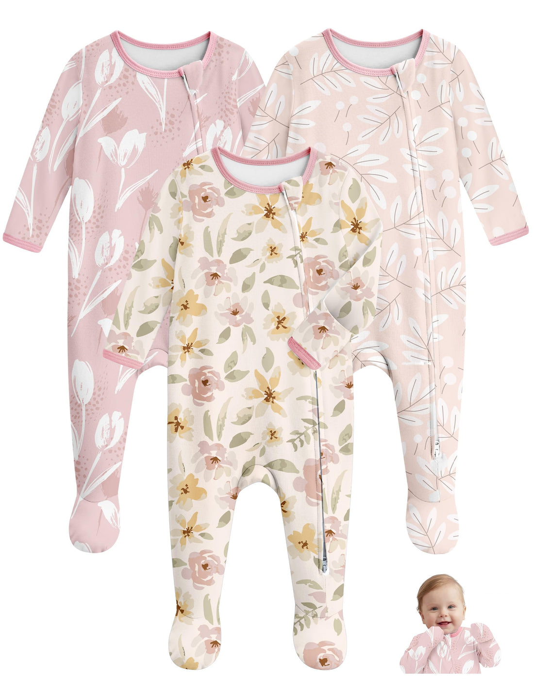 Unnivoll Baby Pajamas 100% Cotton Baby Sleepers for Newborn 0-3 3-6 6-9 Months 3Pcs Footie Pajamas Baby Boys Girls Clothes