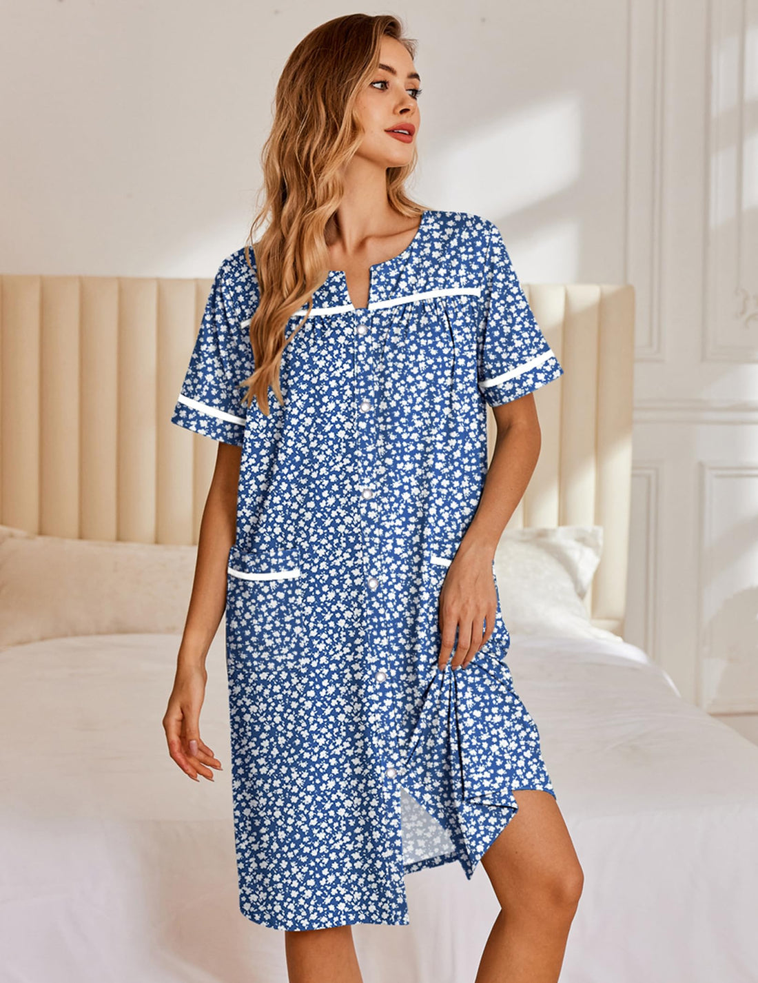 Ekouaer Nightgowns for Women House Dress with Pockets Snap Front House Coat | Duster Mumu Dress, Short Sleeve Moo Moos, Plus Size Sleepwear, Casual Lounge Dress, Labor Delivery Gown, Daily Wear, Home