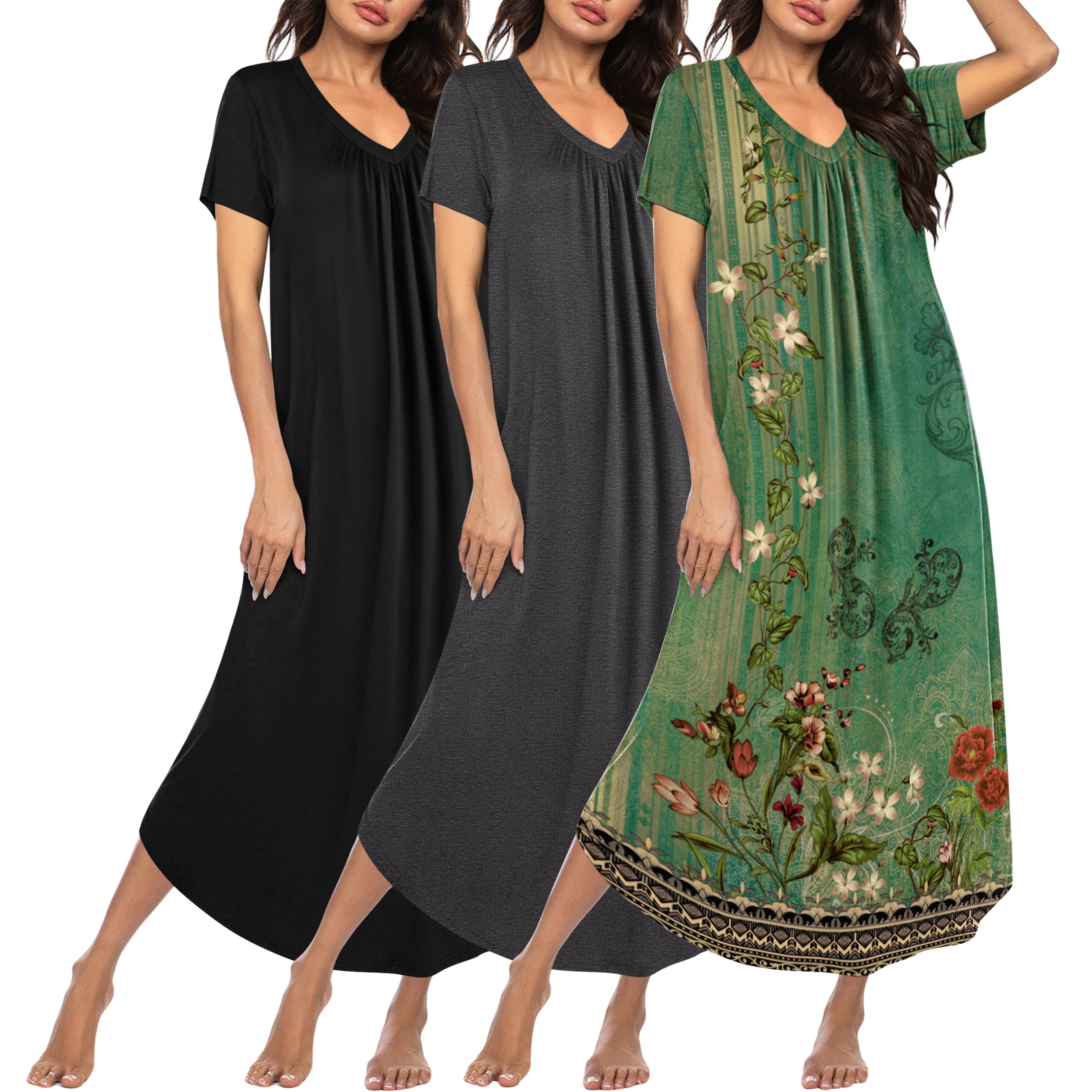Ekouaer Long Nightgowns for Women 3 Pack House Dress Plus Size Moo Moos | V Neck Night Gowns,Short Sleeve Sleep Dress,Ladies Lounge Dress,Soft Sleep Shirt,Casual Night dress for Sleeping,Daily Wear WEBE CLOTHING