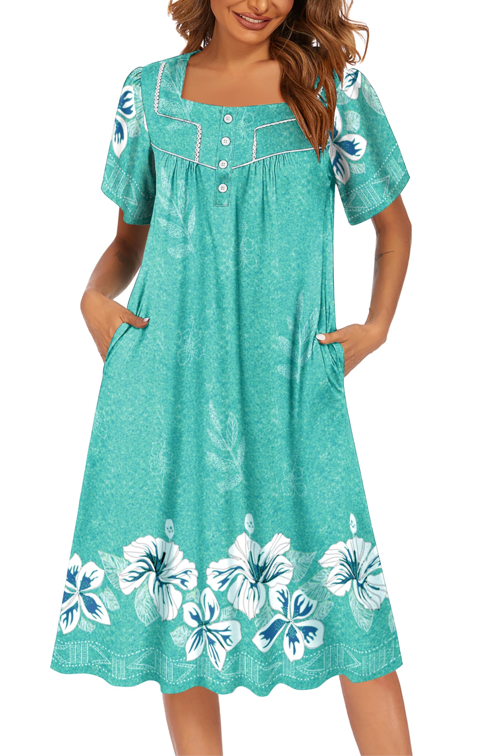 Ekouaer Women's House Dress with Pockets Moomoo Dresses Short Sleeve Mumu Nightgown Lounge Dress Button Down Sleepwear WEBE CLOTHING