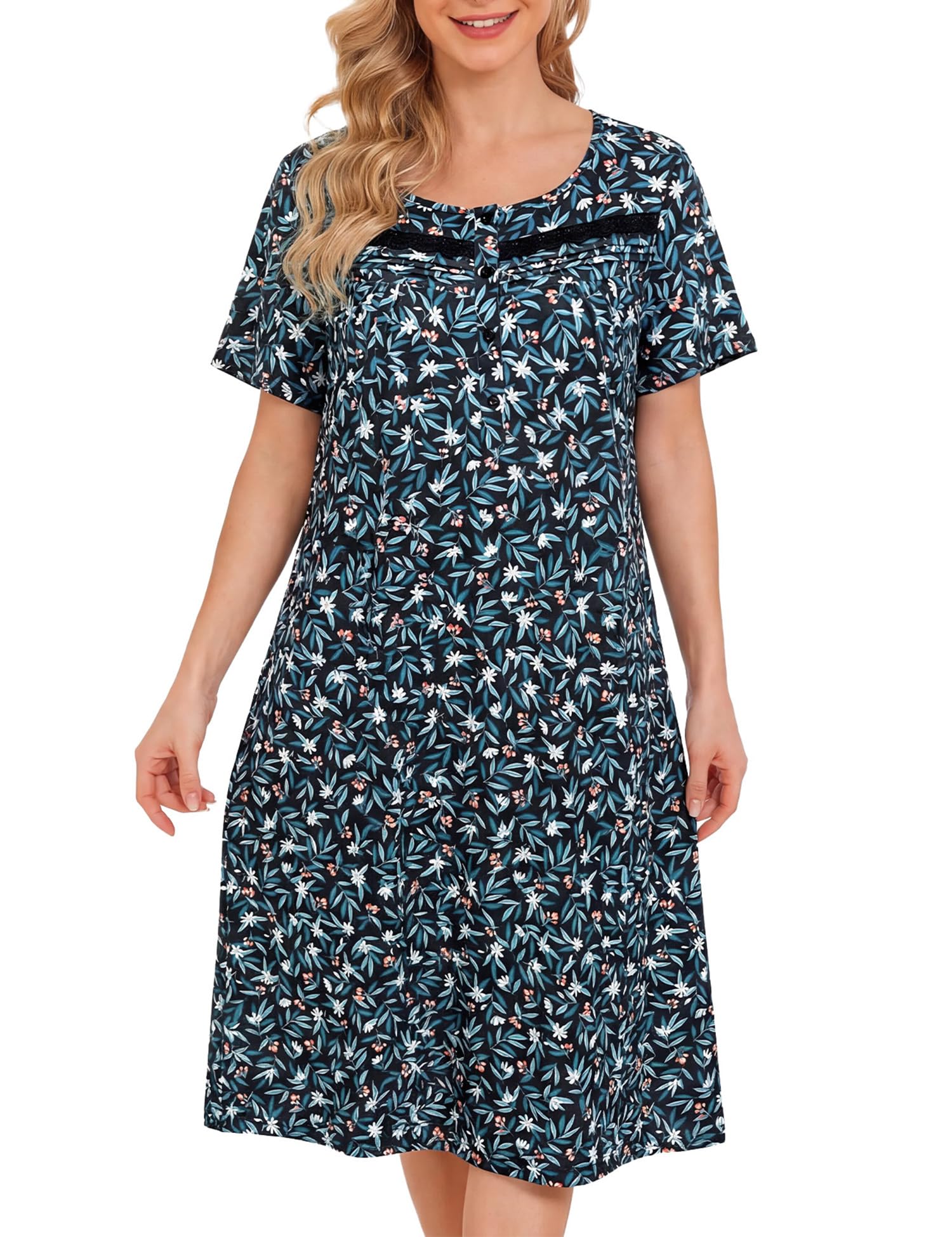 Bloggerlove Nightgowns for Women 100% Cotton Soft House Dress | 100 Full Cotton, Button Neck, Knee Length, Lace Trim Floral, Breathable, Skin-frieend, Loose Fit, Comfy Sleepwear WEBE CLOTHING