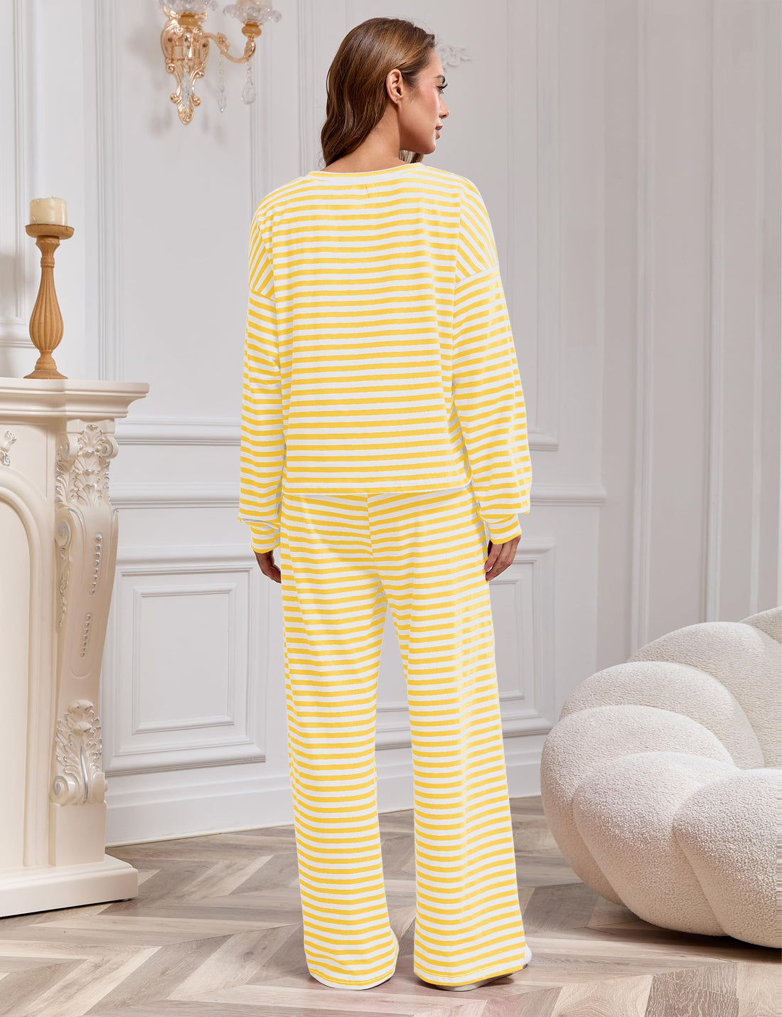 MISSACTIVER Women's Striped 2 Piece Lounge Set Casual Long Sleeve T-Shirt Drawstring Wide Leg Pants Matching Pajamas Set