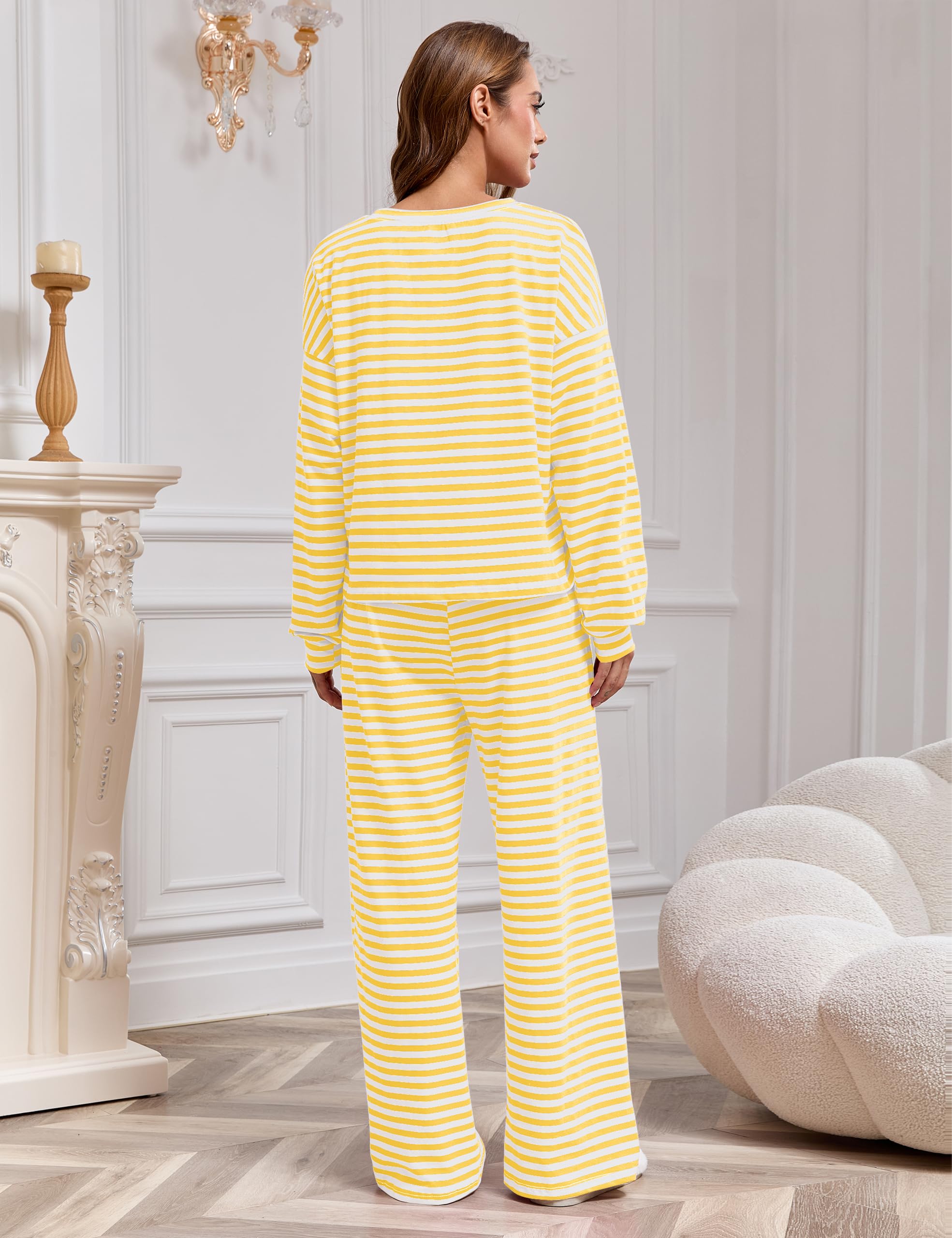 MISSACTIVER Women's Striped 2 Piece Lounge Set Casual Long Sleeve T-Shirt Drawstring Wide Leg Pants Matching Pajamas Set