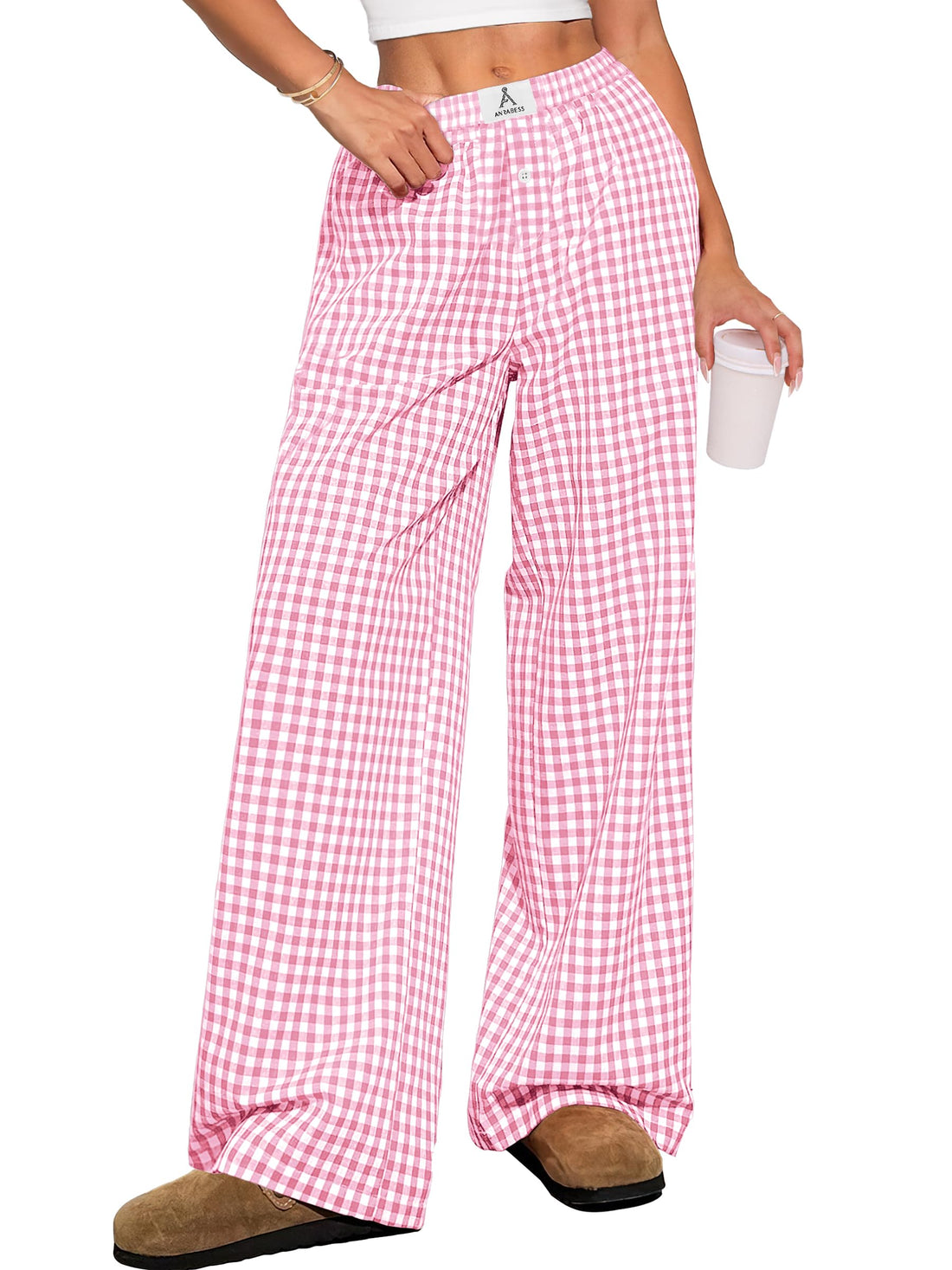 ANRABESS Womens Gingham Striped Boxer Pants | Wide Leg Elastic Waist with Pockets, Lounge Pajama Bottoms Home Daily Wear, Lightweight Breathable, Casual Summer Fall