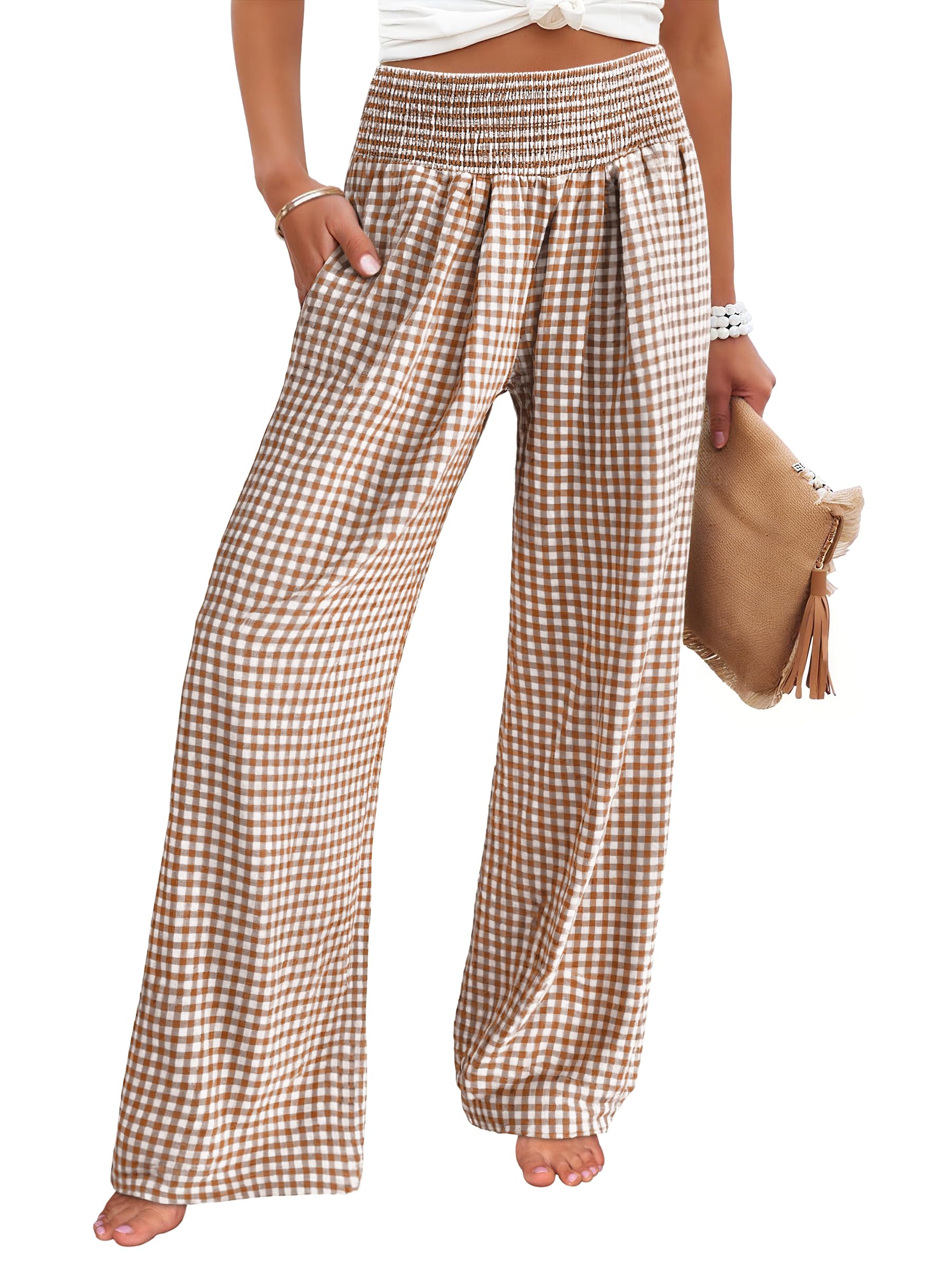 ANRABESS Womens Striped Gingham Palazzo Pants | Wide Leg Smocked High Waisted Pajama Pants, Lounge & Casual, Summer Fall Cute Pants with Pockets