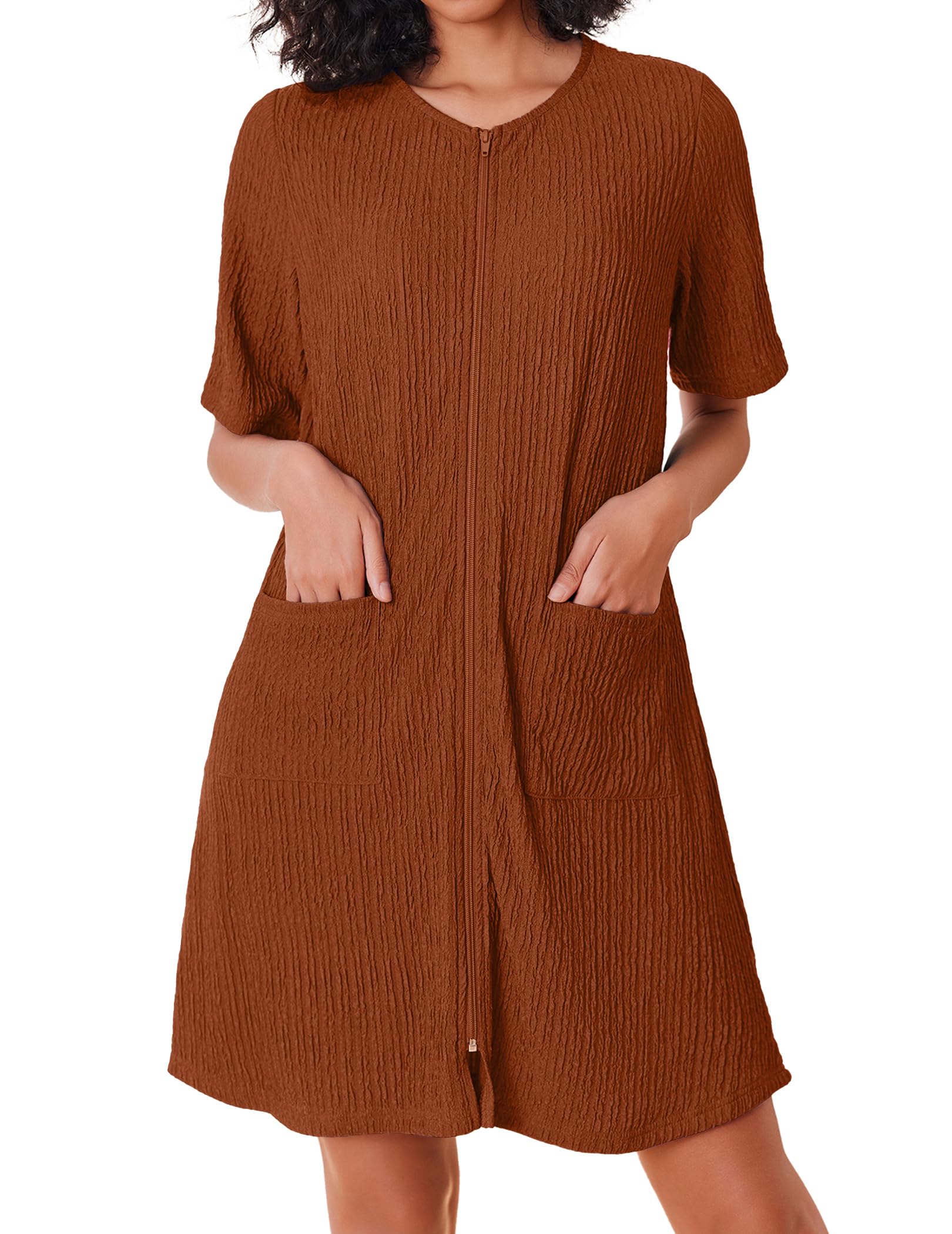 Ekouaer Women Zipper Robes Knit Short Bathrobe Lightweight House Coat with Pockets Soft Nightgown S-XXL WEBE CLOTHING
