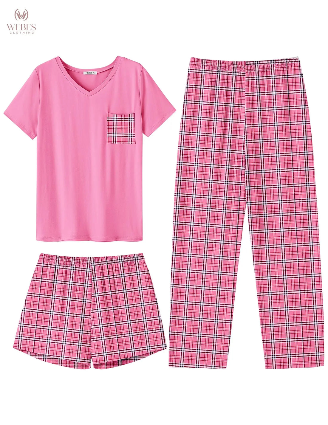 Ekouaer Women's 3 Piece Pajama Set Short Sleeve Sleepwear Pj Set Top and Shorts Pants Pjs with Pockets WEBE CLOTHING