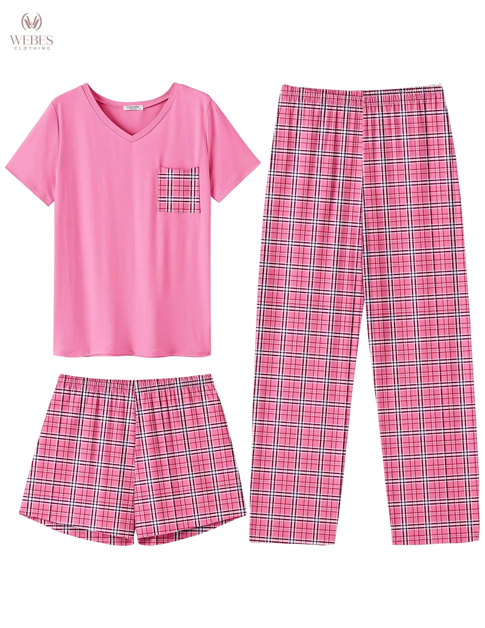 Ekouaer Women's 3 Piece Pajama Set Short Sleeve Sleepwear Pj Set Top and Shorts Pants Pjs with Pockets WEBE CLOTHING
