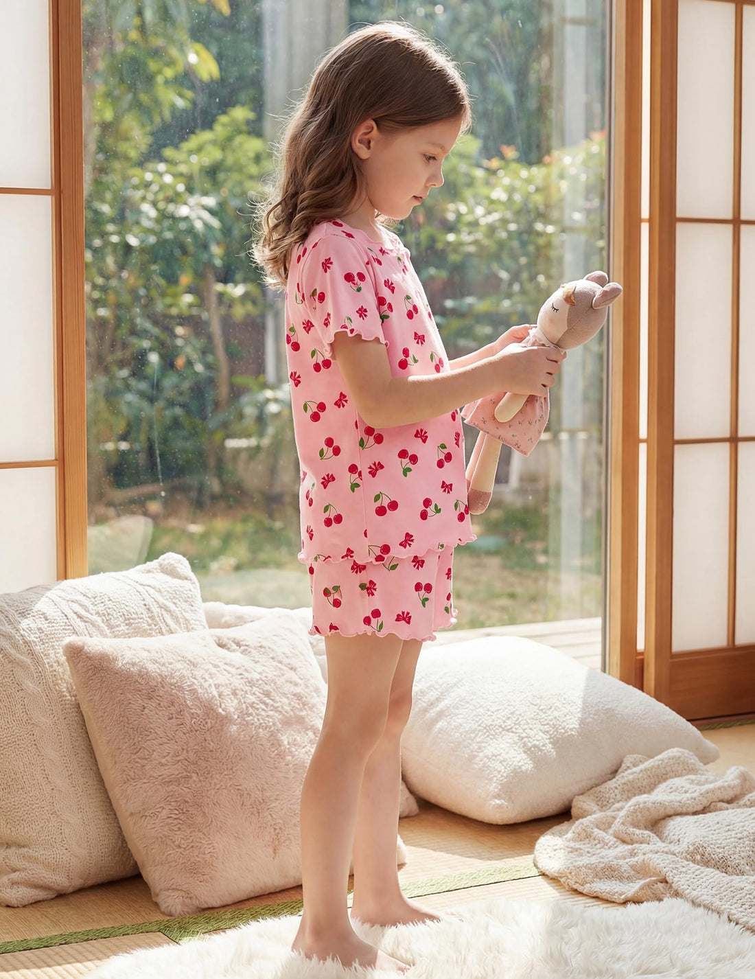 Arshiner Girls Pajama Set Short Sleeve Lounge Set Soft Shirring Summer Sleepwear Pj Sets
