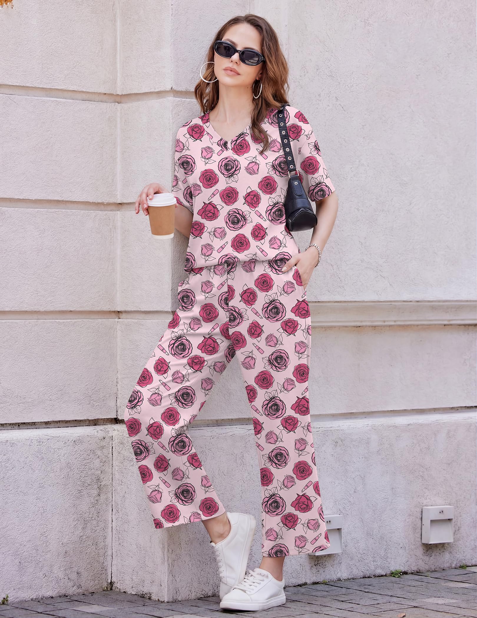 Ekouaer 2 Packs Lounge Sets for Women Short Sleeve Pajamas Set V Neck Top and Long Pants Comfy Pjs Outifts with Pockets