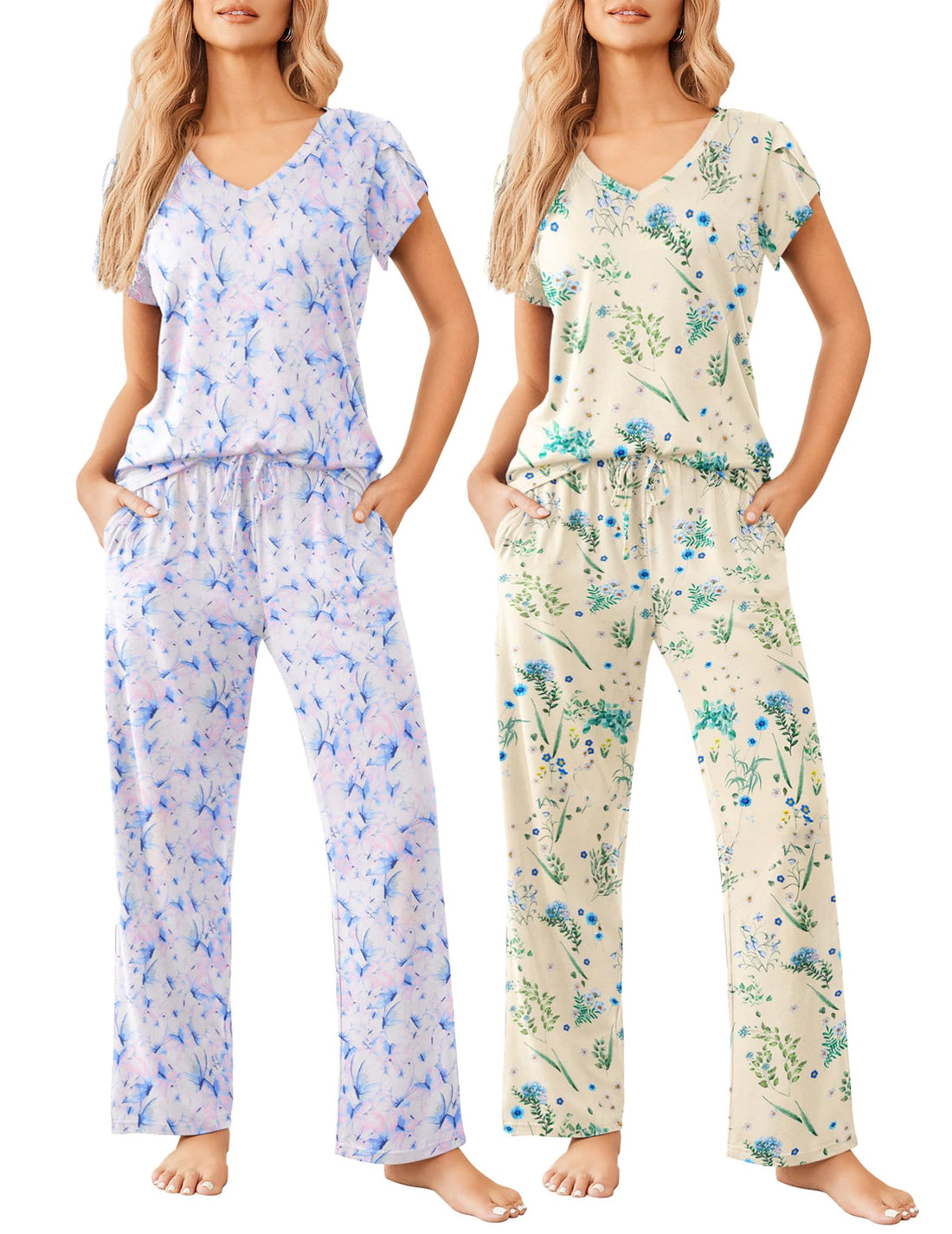 Ekouaer 2 Pack Womens Pajamas Short Sleeve Sleepwear Top with Pants Super-Soft Printed Lounge Sets S-XXL