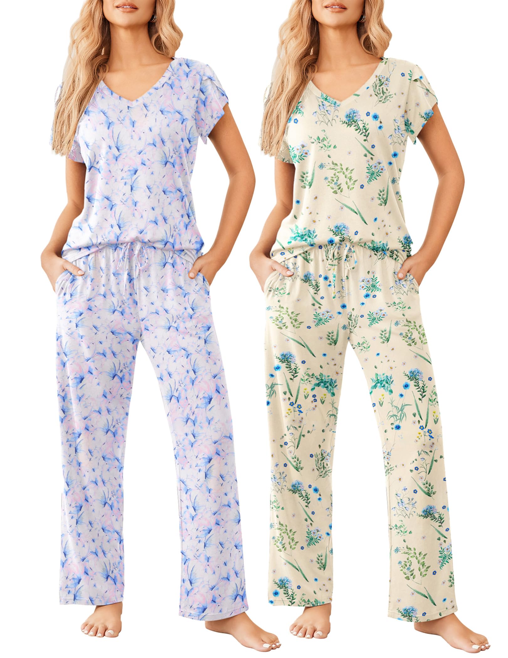 Ekouaer 2 Pack Womens Pajamas Short Sleeve Sleepwear Top with Pants Super-Soft Printed Lounge Sets S-XXL