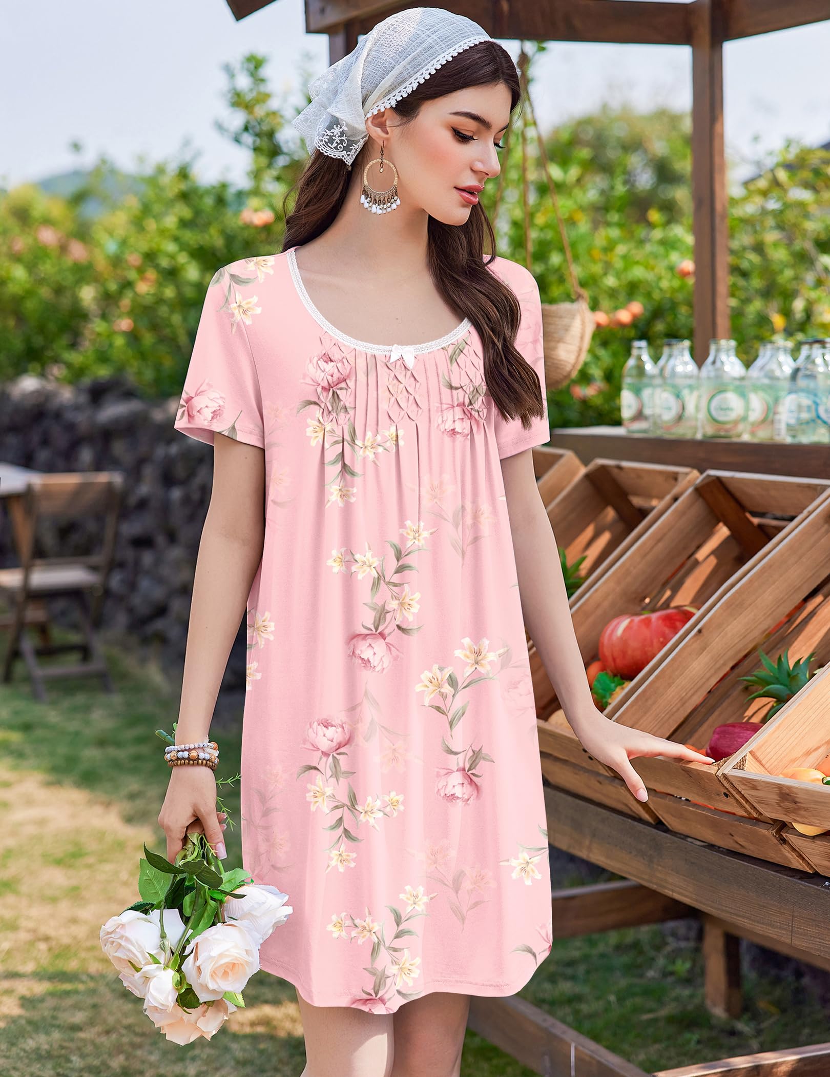 Ekouaer Nightgowns for Women Pleated Sleep Shirts Short Sleeve Night Shirts Lace Trim Night Gown Ladies Sleep Dress