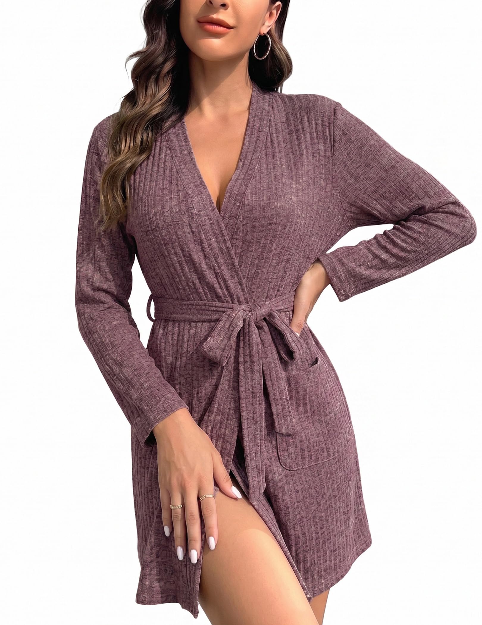 Ekouaer Women Robe Short Lightweight Bathrobe Ribbed Knit Soft Robes Long Sleeve Ladies Sleepwear with Pockets