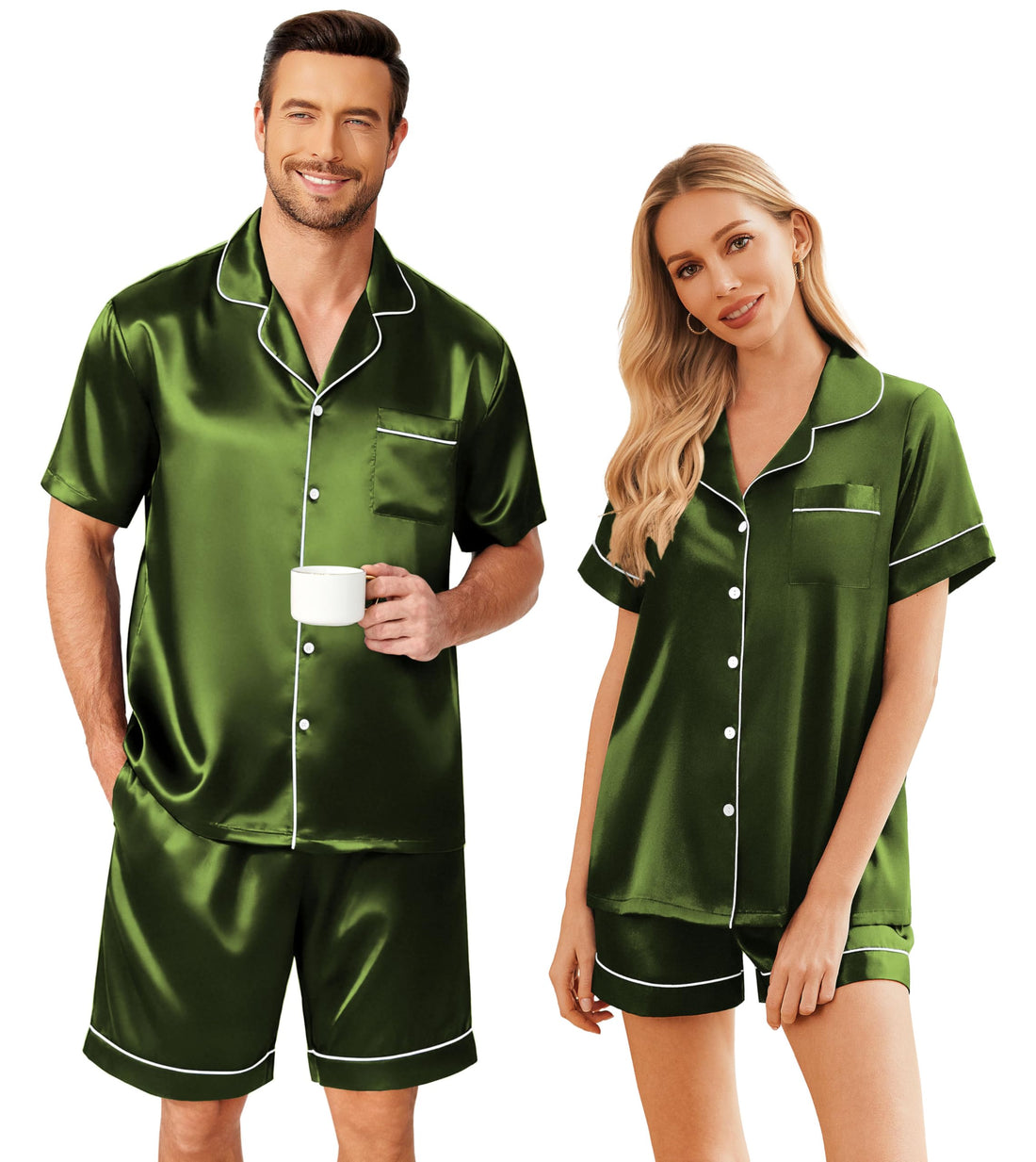 Ekouaer Couple Matching Pajamas Sets Silk Short Sleeve Button Down Sleepwear Satin Pjs Shorts Set Soft Loungewear S-XXL