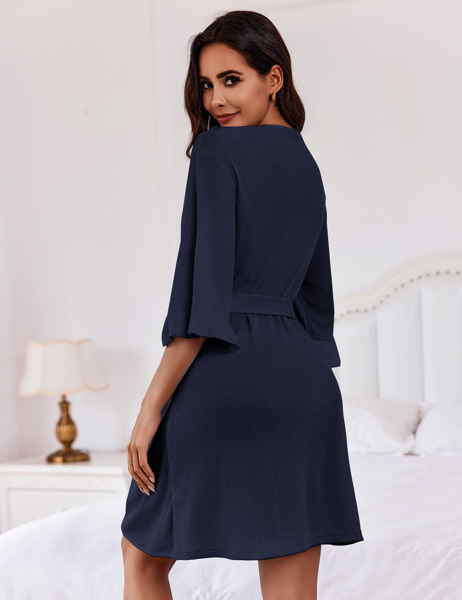 Ekouaer Robes for Women Lightweight Waffle Knit Short Bath Robe Knee Length Ruffle Ladies Loungewear WEBE CLOTHING
