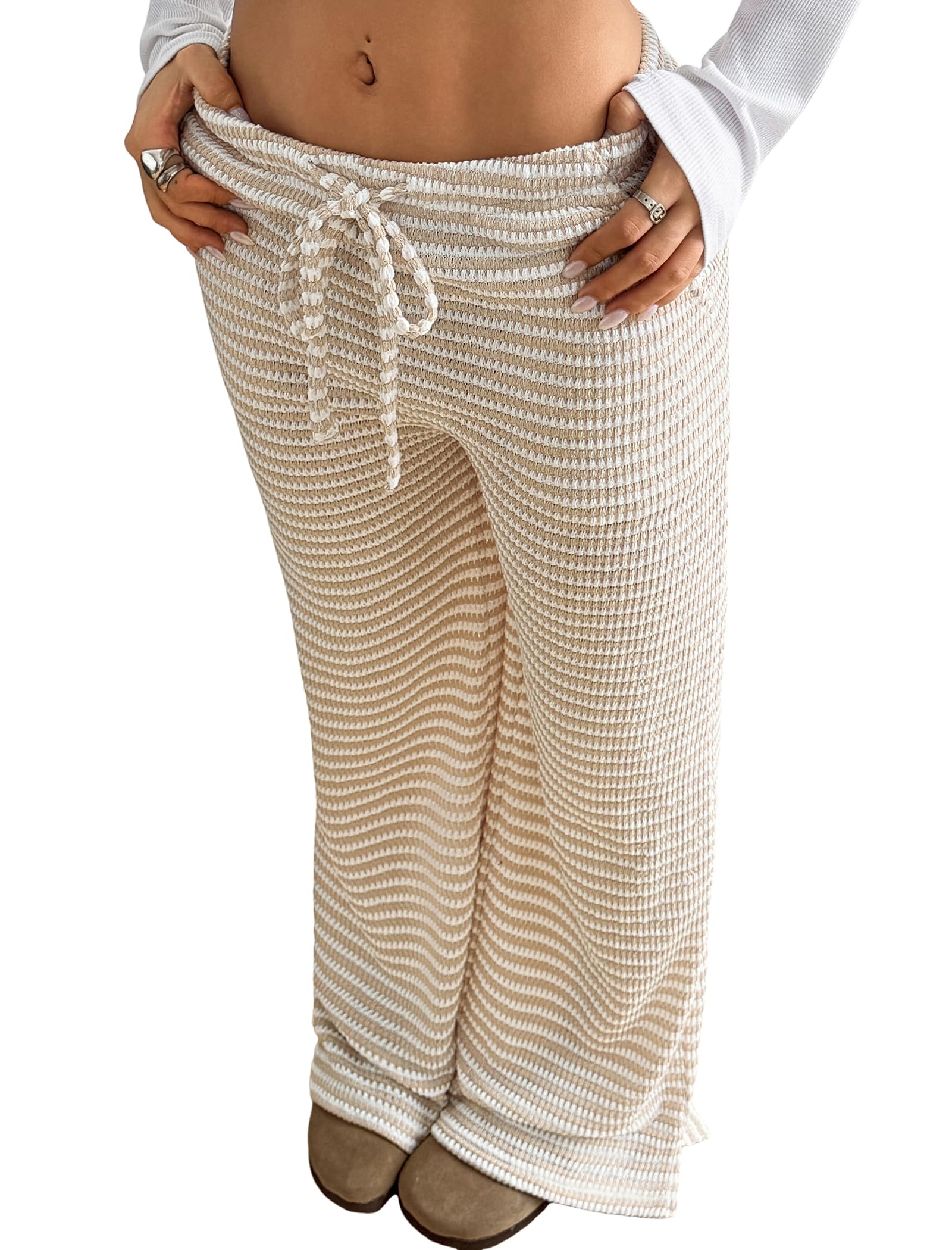 ZAFUL Women's Striped Pants Casual Fold Waist Wide Leg Pants Lightweight Comfy Stretchy Loose Lounge Pajama Pants