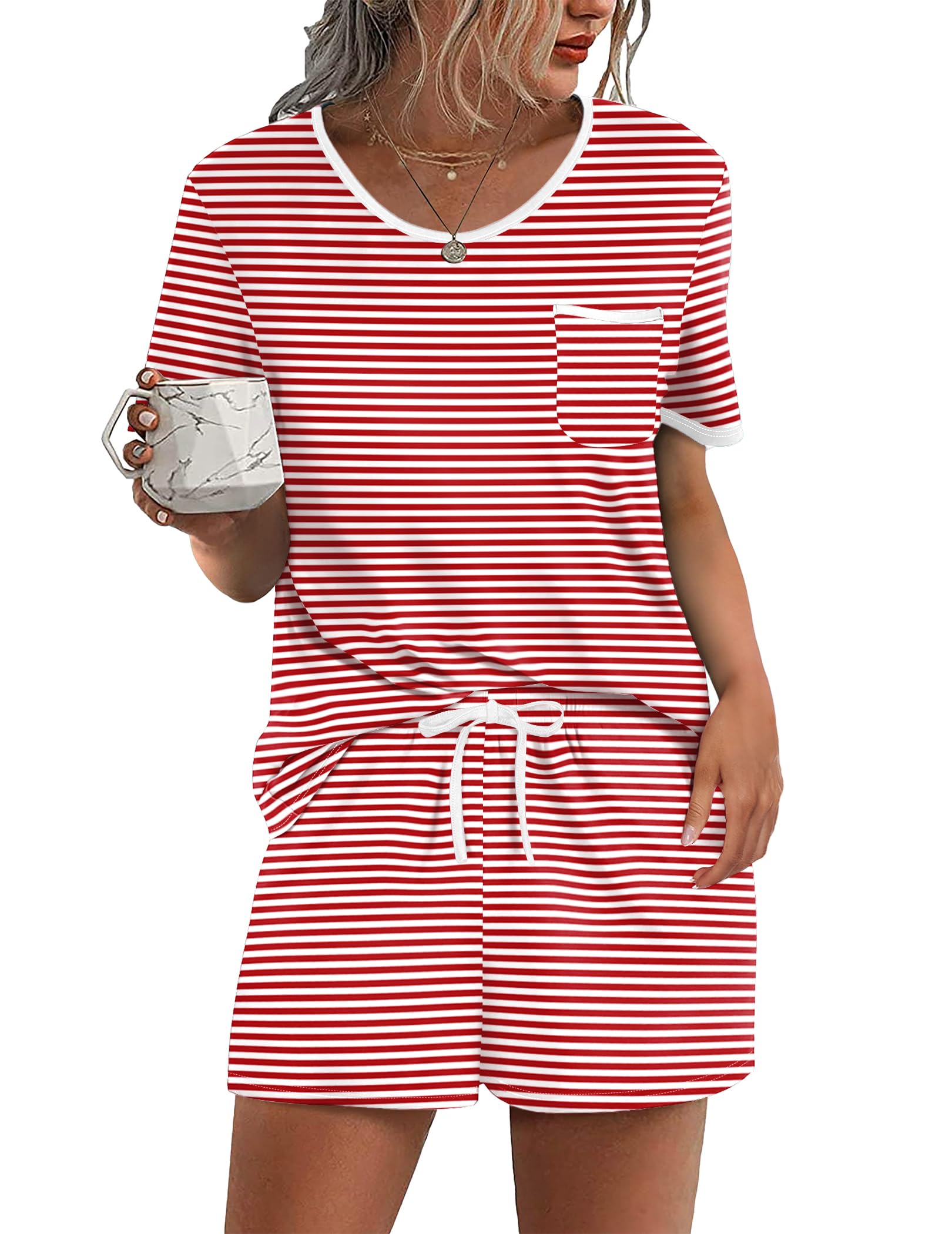 Ekouaer Pajama Set for Women 2 Piece Lounge Set Short Sleeve Tops and Shorts Soft Sleepwear, Chest Pocket