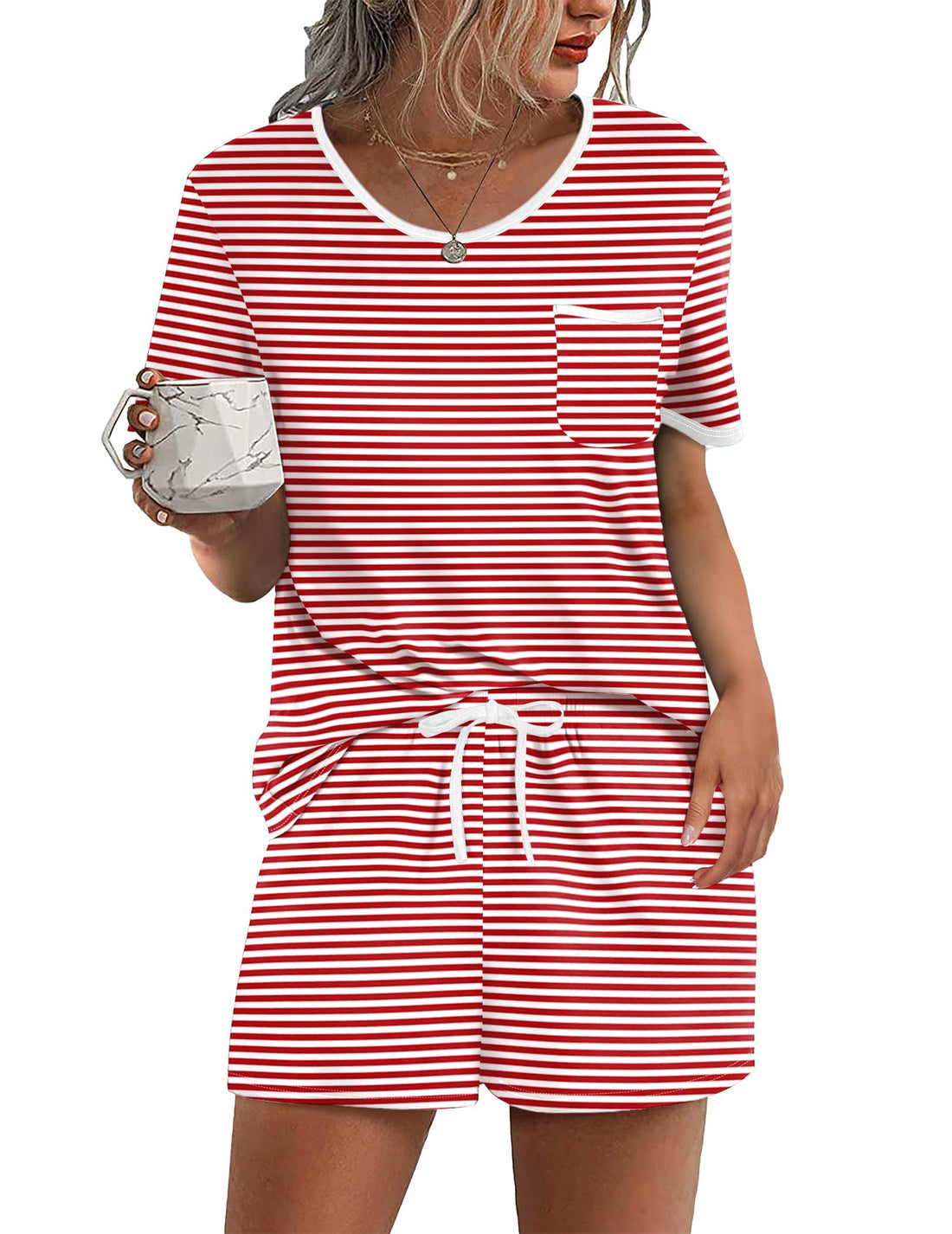 Ekouaer Pajama Set for Women 2 Piece Lounge Set Short Sleeve Tops and Shorts Soft Sleepwear, Chest Pocket