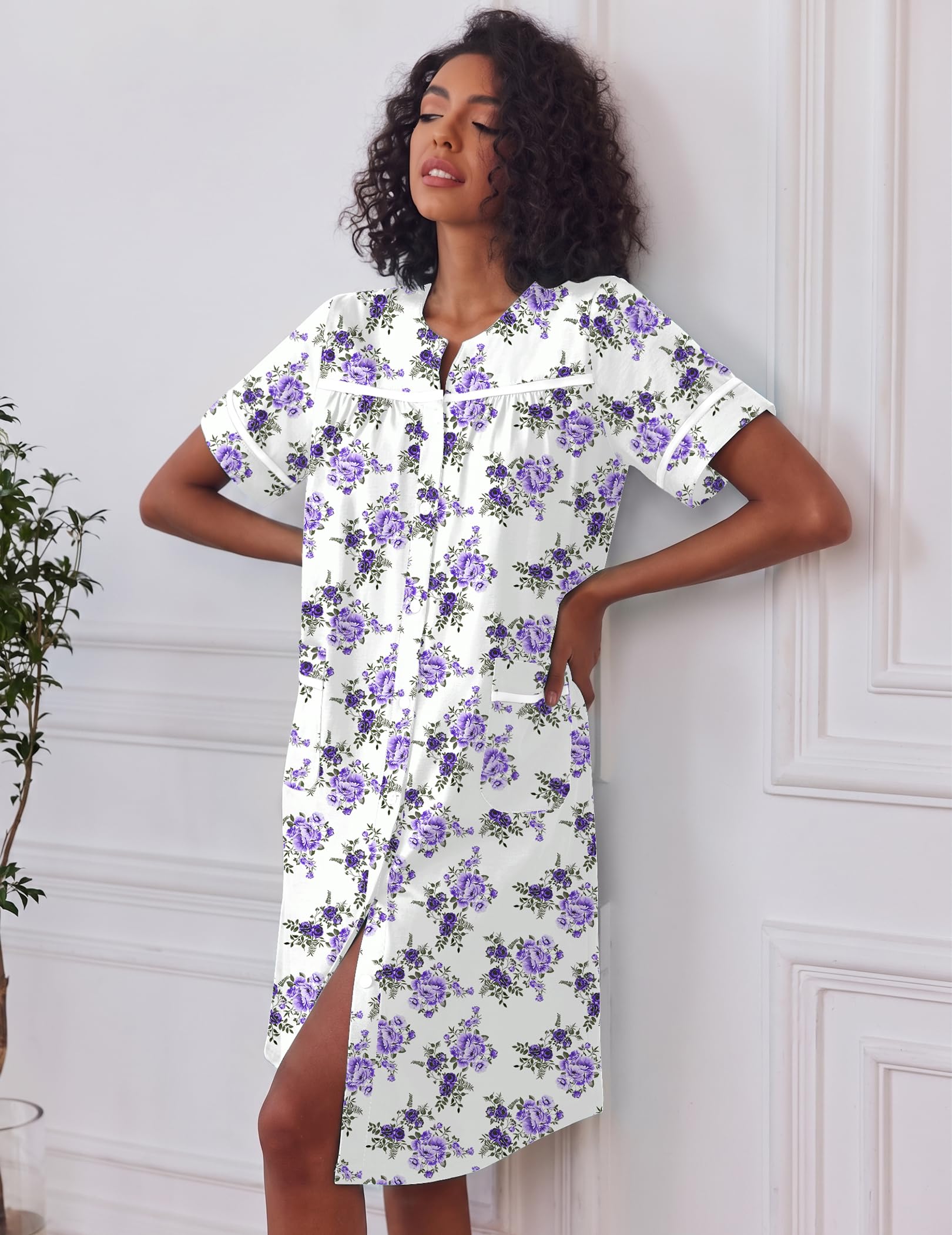 Ekouaer House Dress for Women with Pockets Duster Button Down Nightgown | Nightgowns for Women, Button Dwon House Dress with Pockets, Short Sleeve Duster Housecoat, Moo Moos for Elderly, Mumu Dress WEBE CLOTHING
