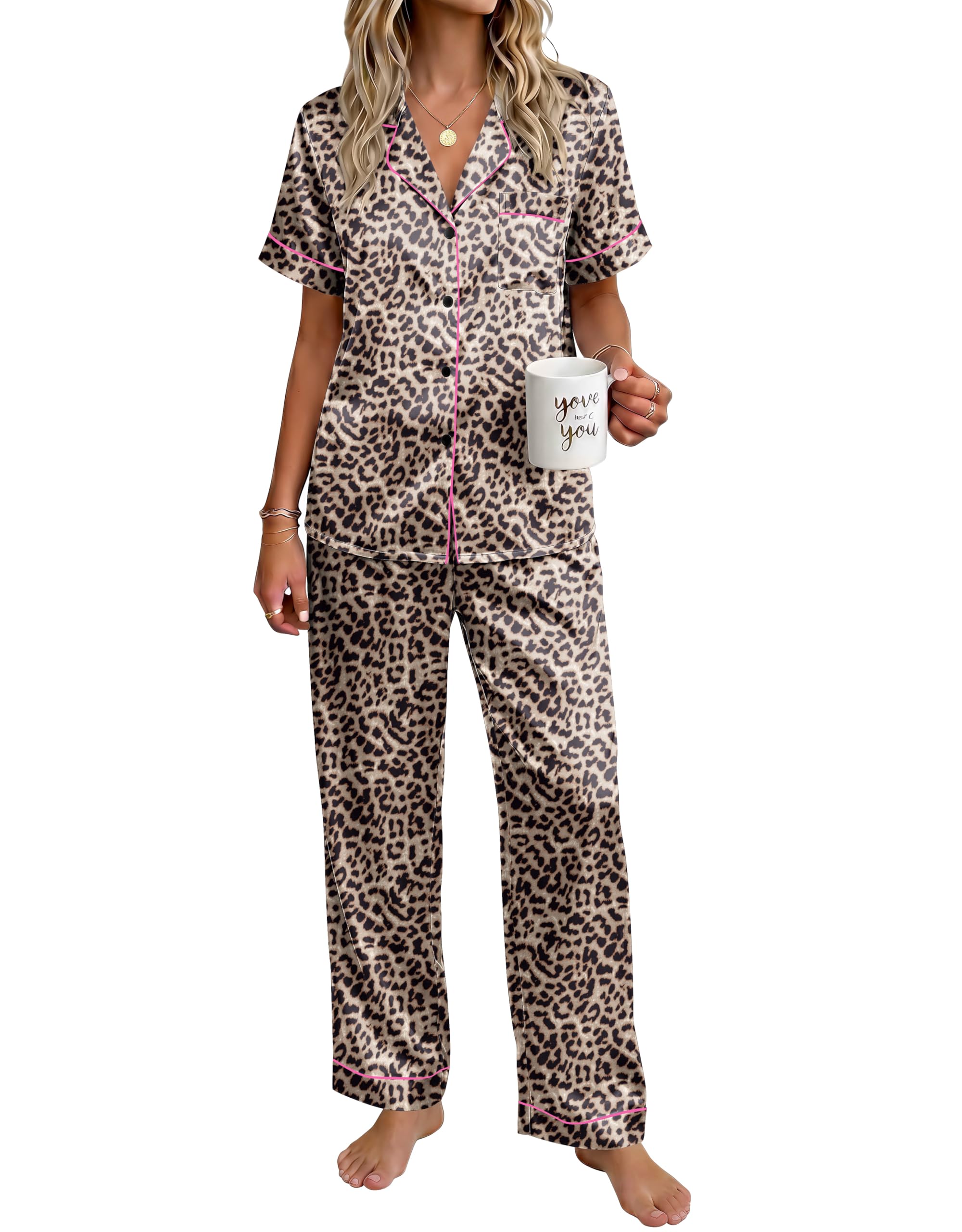 Ekouaer Womens Silky Satin Pajamas Set Short Sleeve Button Down Sleepwear 2 Piece Lounge Set Pj Set WEBE CLOTHING